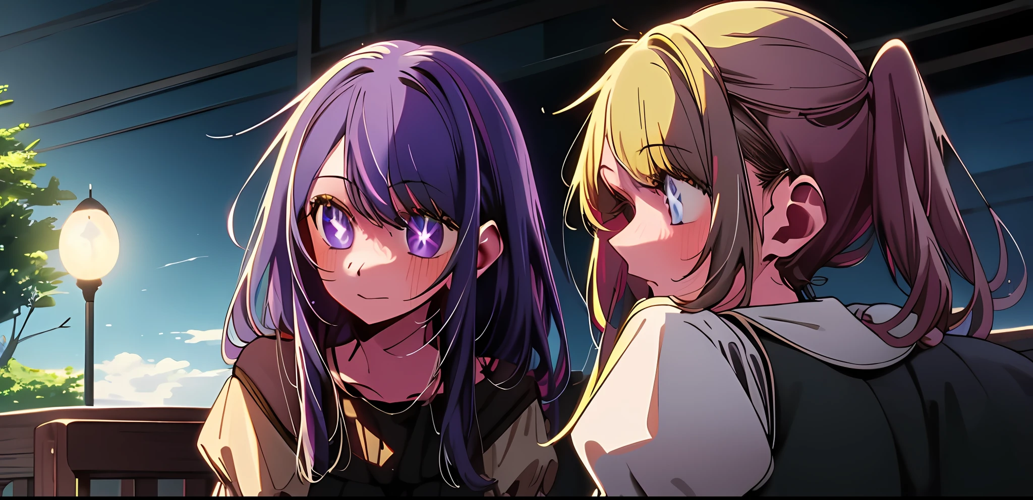 2girls, masterpiece, best quality, night, hill, clouds, full moon, long hair, silhouette, fireflies,diaphragm. First girl blonde hair, second girl purple hair