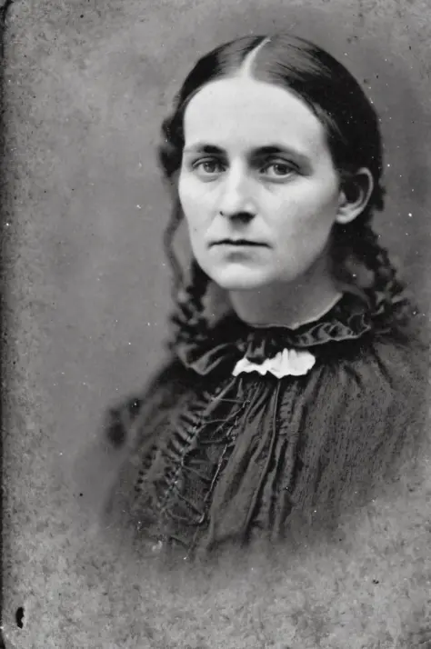 "photo of a 35-year-old woman, with 1870s dress and hairstyles, sad and penetrating look, thin, sick, photorealistic, (lomograph...