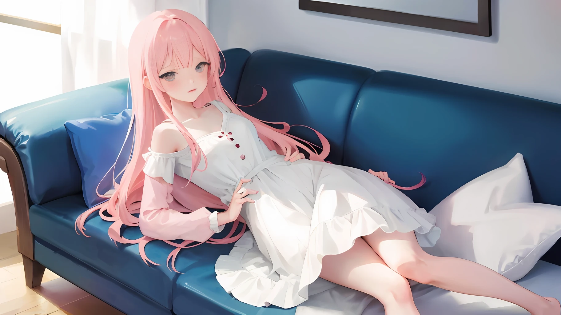 ((Best Quality)), (Masterpiece: 1.2), (Delicate Beautiful Girl), Illustration, 1 Girl, Pink Hair, White Shirt, Skirt, Luxurious Room, Sofa, Red Wine, Blush