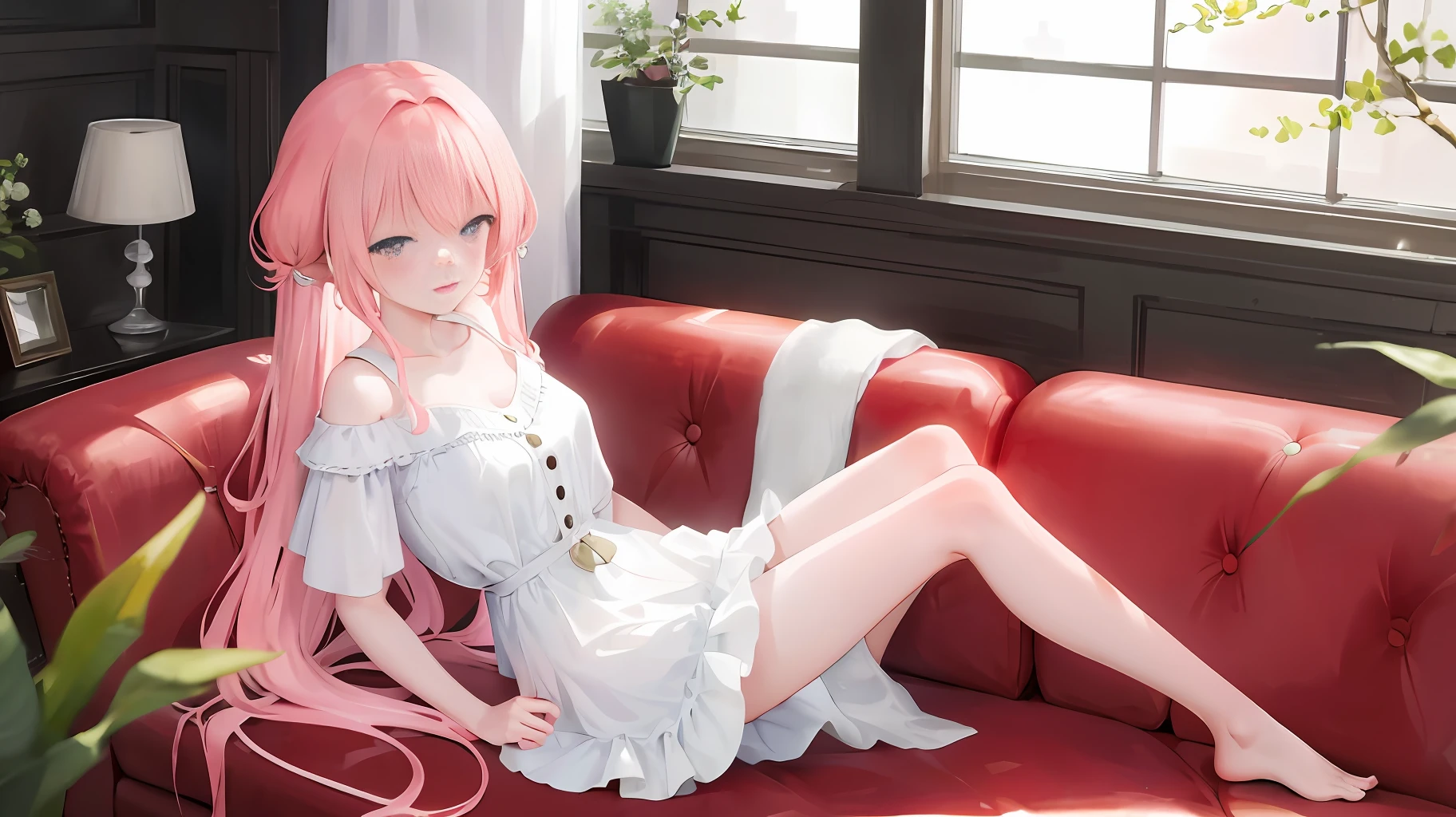 ((Best Quality)), (Masterpiece: 1.2), (Delicate Beautiful Girl), Illustration, 1 Girl, Pink Hair, White Shirt, Skirt, Luxurious Room, Sofa, Red Wine, Blush