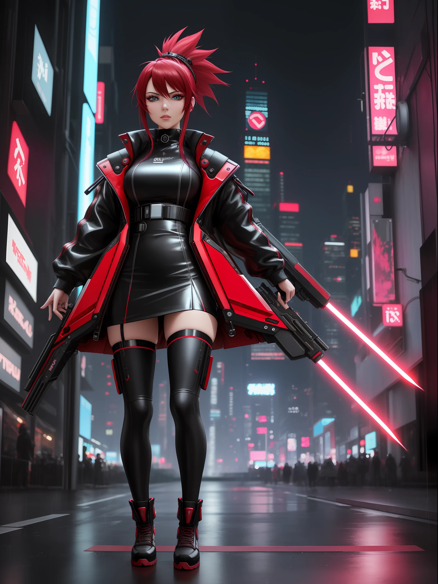 (full body photo:1.6), (A Kawaii Woman:1.5), (wearing cyberpunk red metal+ultra realistic metal outfit:1.5), (she's in a futuristic city with lots of flying cars+at night+raining hard:1.5), (she has mohawk hair roza:1.3), (she has blue eyes:1.3), (she's holding futuristic weapons+sorting+staring at the viewer+striking sexy poses for the viewer:1.5),  Draw, 16k, best quality, high details, UHD