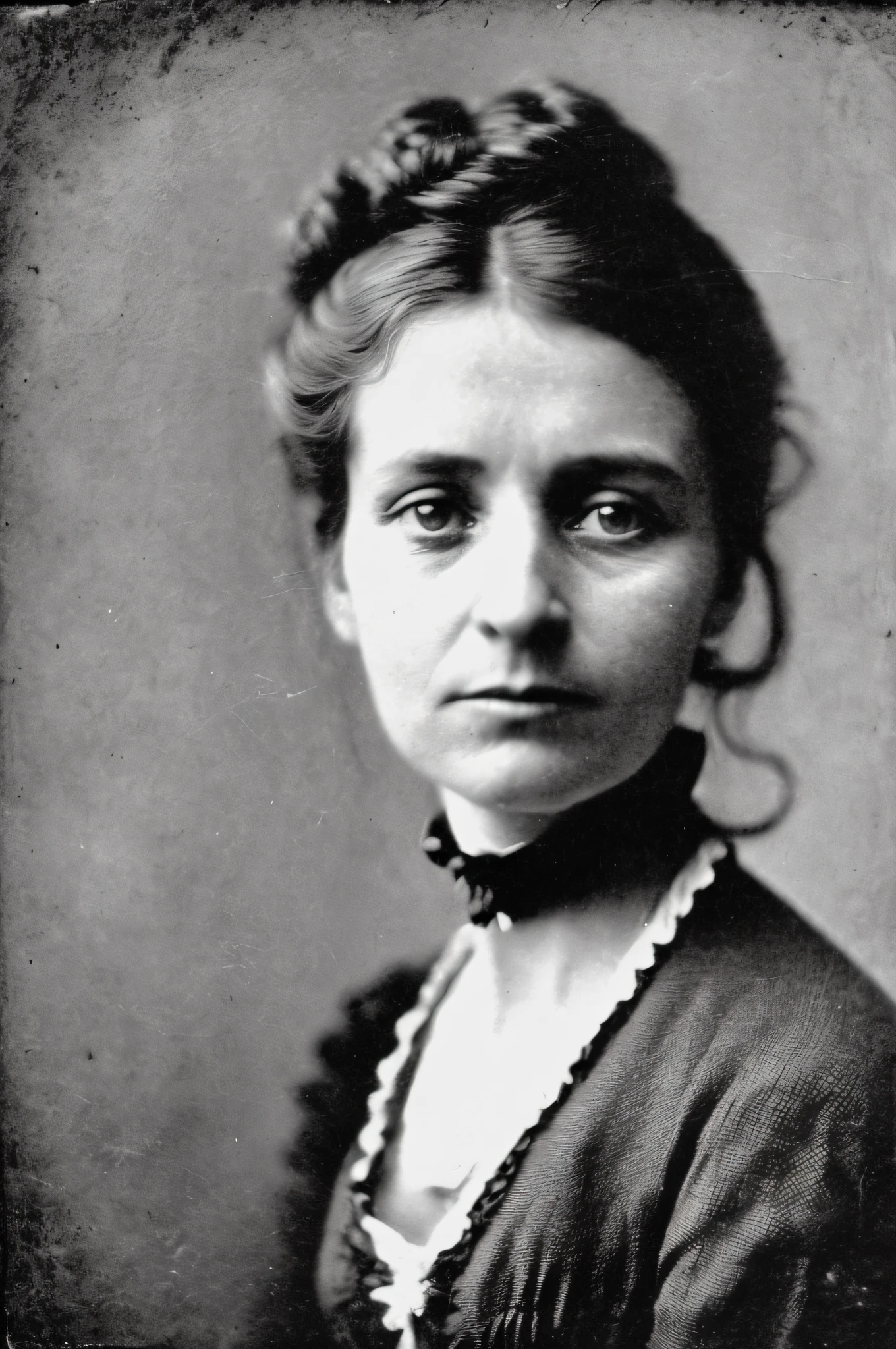 "photo of a 35-year-old woman, of French descent, with 1870s dress and hairstyles, sad and penetrating look, thin, sick, photorealist, (Lomography Lady Grey:0.95), (black and white photograph:1.1), Victorian scene, strong winter light, melancholy atmosphere".