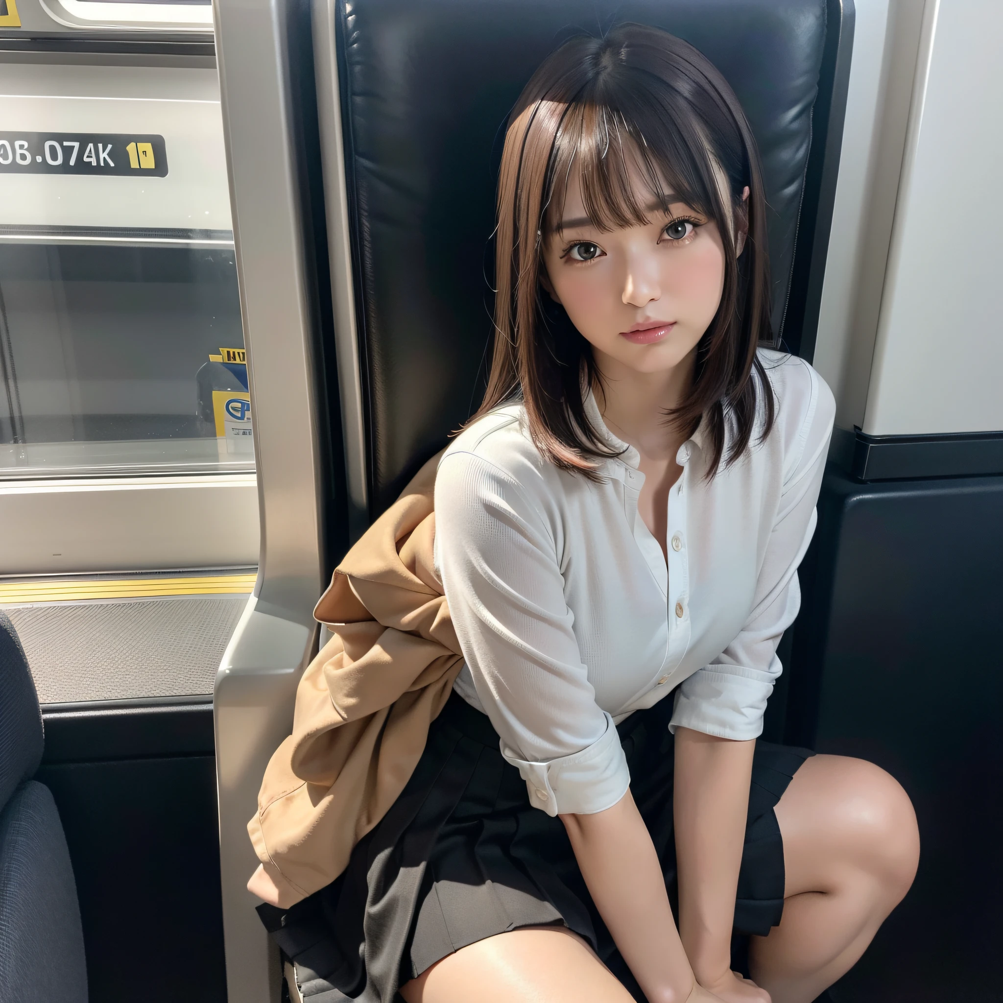 "(Masterpiece, High Definition, Ultra High Definition, 4K) Brown hair, Japanese woman, skirt, thighs, sitting on train, face-to-face bottom angle, sitting on train seat, sitting in front, feet on train floor, full body, sleepy looking down, looking only at the viewer", best quality, ultra high definition, (photorealistic: 1.4), high resolution, detail, raw photo,  sharp re, nikon d850 film stock photo by Lee Jefferies 4 kodak portra 400 camera f1.6 lens rich colors hyper realistic animated textures dramatic lighting unreal engine artstation trends cinestir 800,