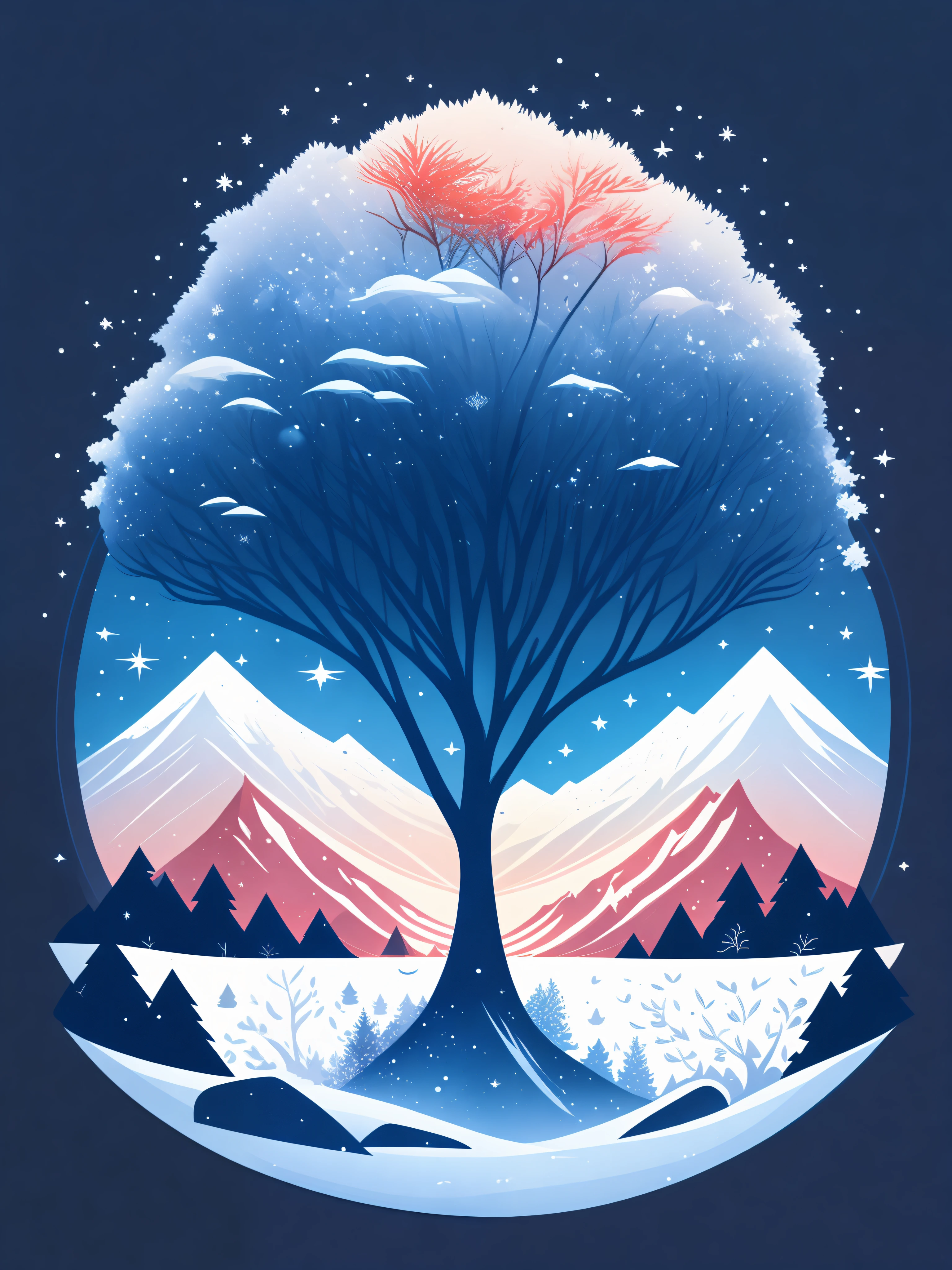 a spruice tree in a winter landscape, tshirt design, rzminjourney, vector-art