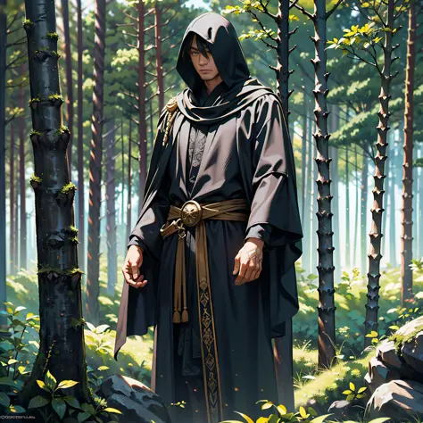 the black-robed man, mysterious and majestic, background forest, shimmering in the dimness, is awe-inspiring.