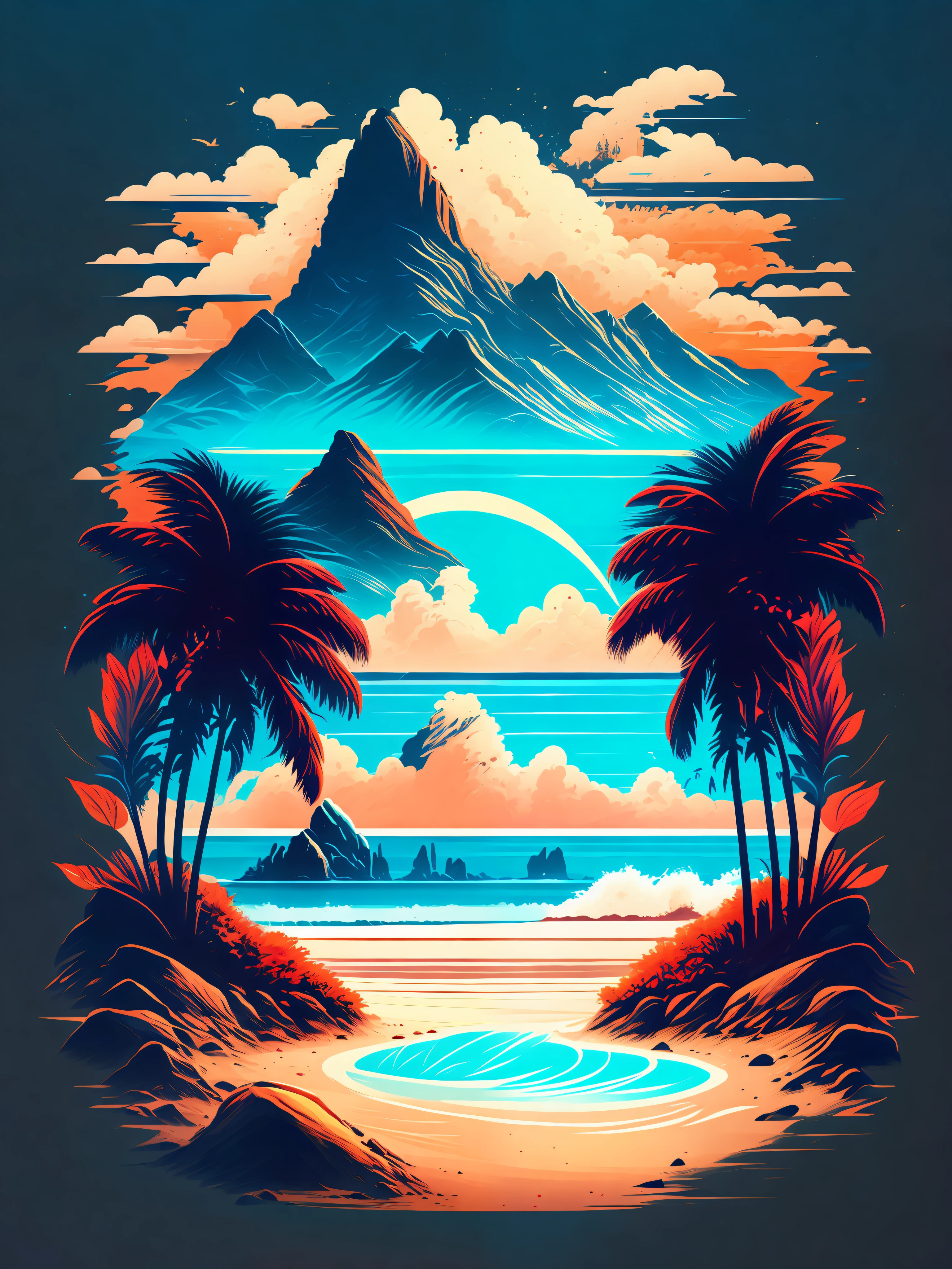 Ein Strand in einer Sommerlandschaft, T-Shirt Design, mitten auf der Reise, Vektorgrafiken, hydro74
