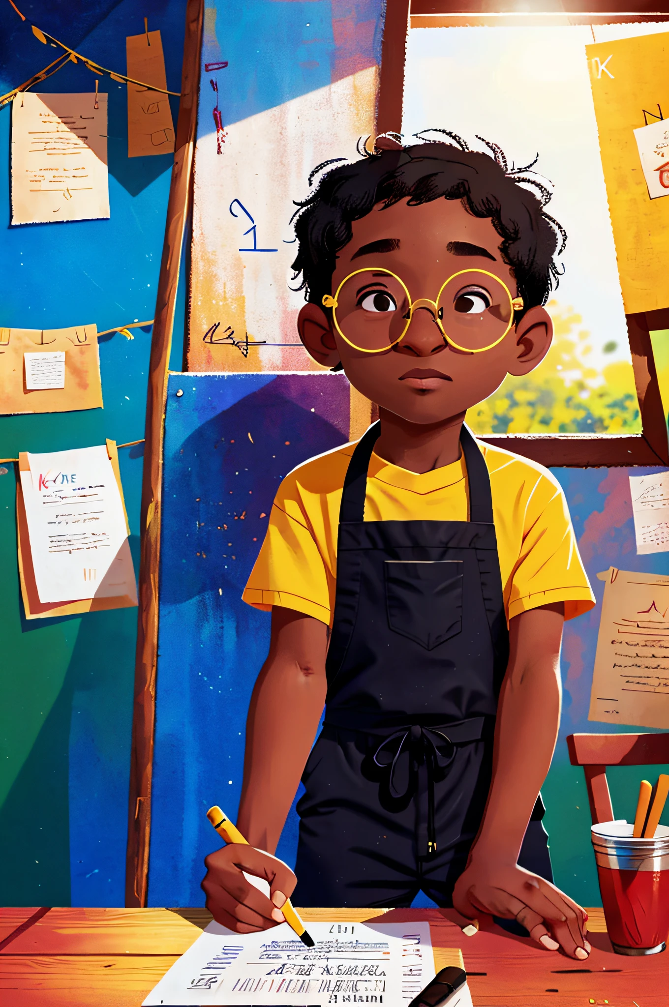 A black boy, round glasses, apron, painter, cap, painting, happy, perfect quality, clear focus (clutter - house: 0.8), (masterpiece: 1.2) (realistic: 1.2)(best quality) (detailed skin: 1.3) (intricate details) (8K) (detail eyes) (sharp focus), full body, character concept., yellow outfit, 2d, he is sitting, Monalisa pose, dry spring palette