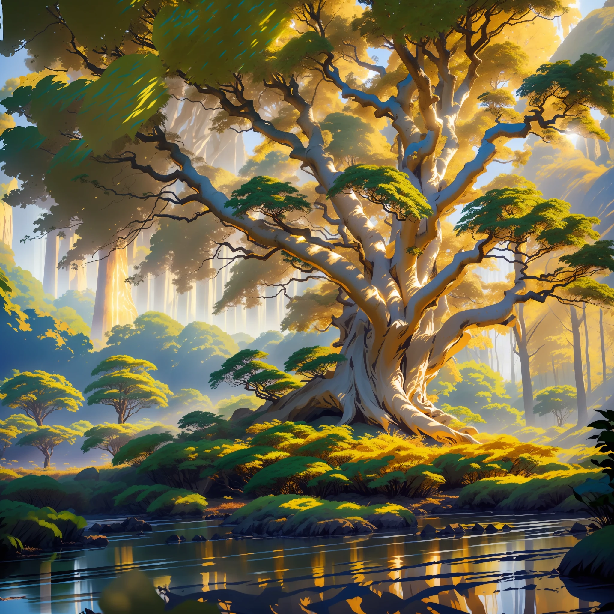 The image shows a majestic tree, with gleaming golden leaves, shining brightly under the sun's rays. Its shimmering foliage captures the attention of all who pass by, emanating an almost otherworldly glow.