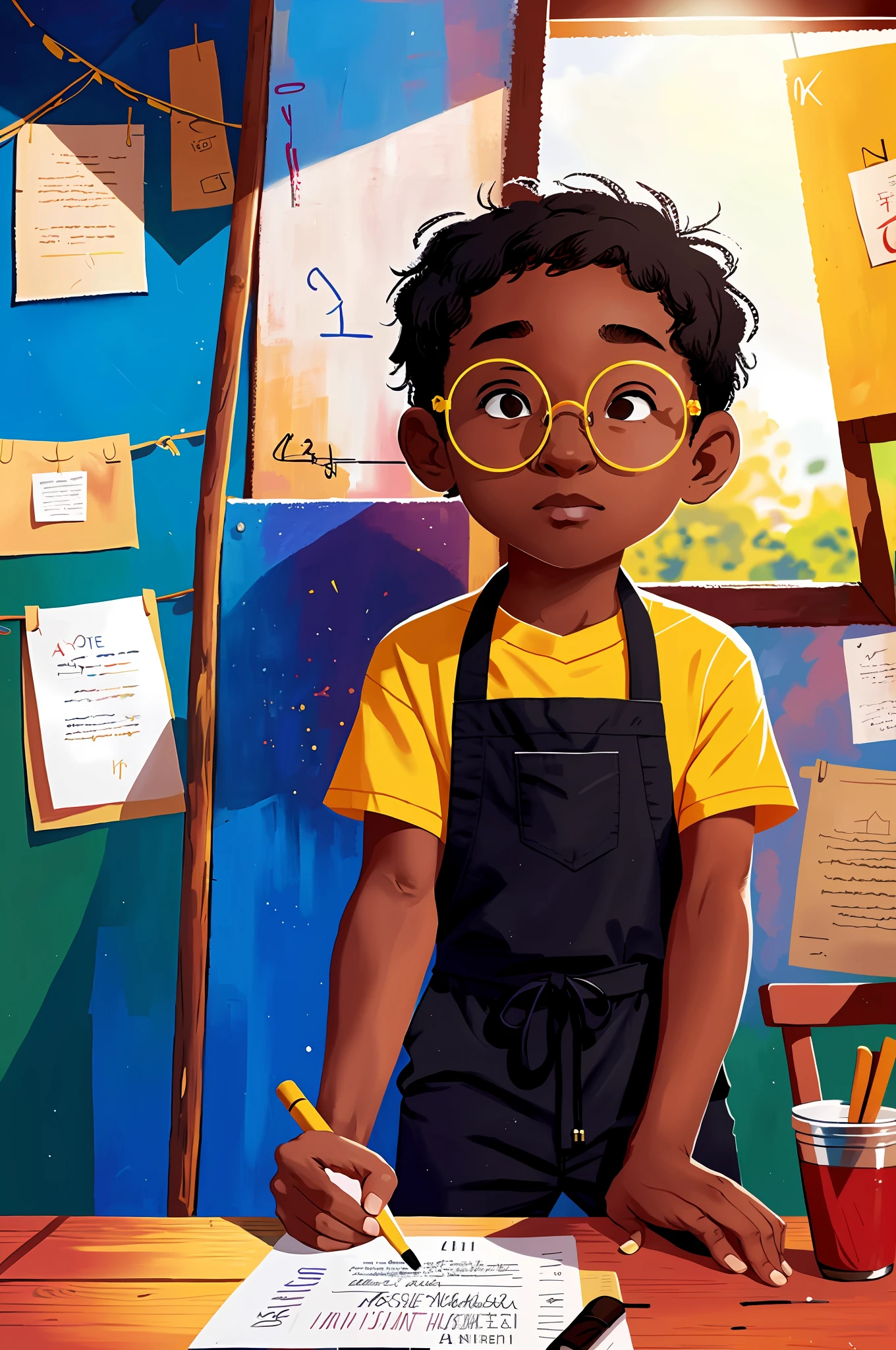 A black boy, round glasses, apron, painter, cap, painting, happy, perfect quality, clear focus (clutter - house: 0.8), (masterpiece: 1.2) (realistic: 1.2)(best quality) (detailed skin: 1.3) (intricate details) (8K) (detail eyes) (sharp focus), full body, character concept., yellow outfit, 2d, he is sitting, Monalisa pose, dry spring palette