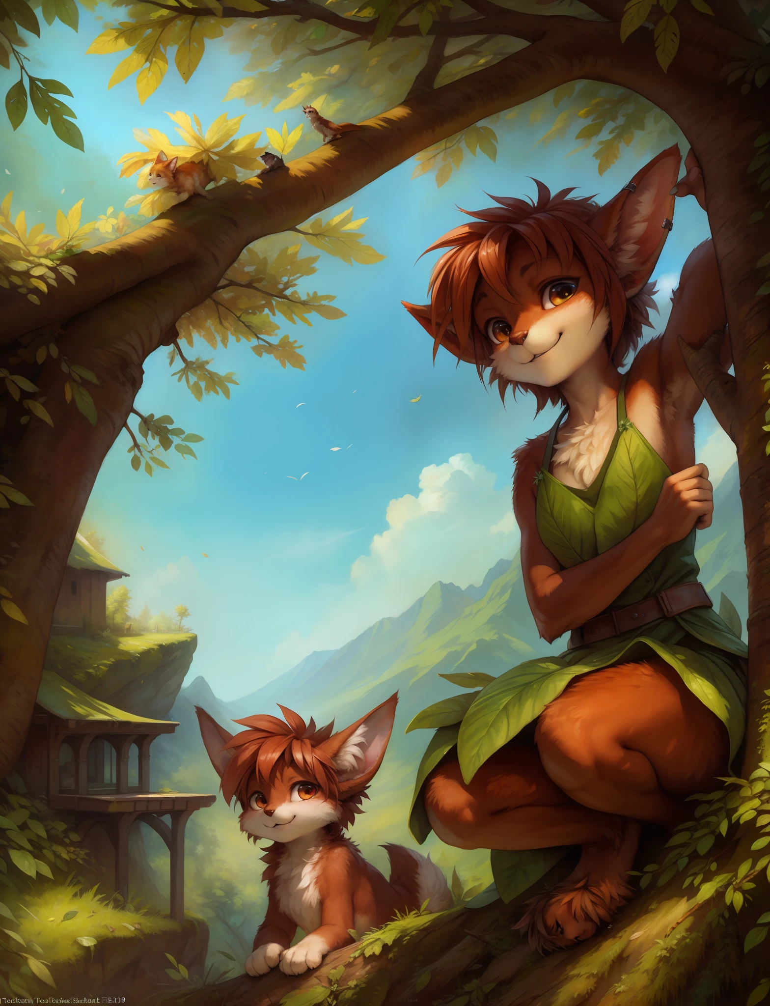 by kenket, by totesfleisch8, (by thebigslick, by silverfox5213:0.8), (by syuro:0.2), elora furry, detailed and extremely fluffy body fur, fluff, masterpiece, looking up beautiful surroundings, detailed background, happy, leaf-dress,