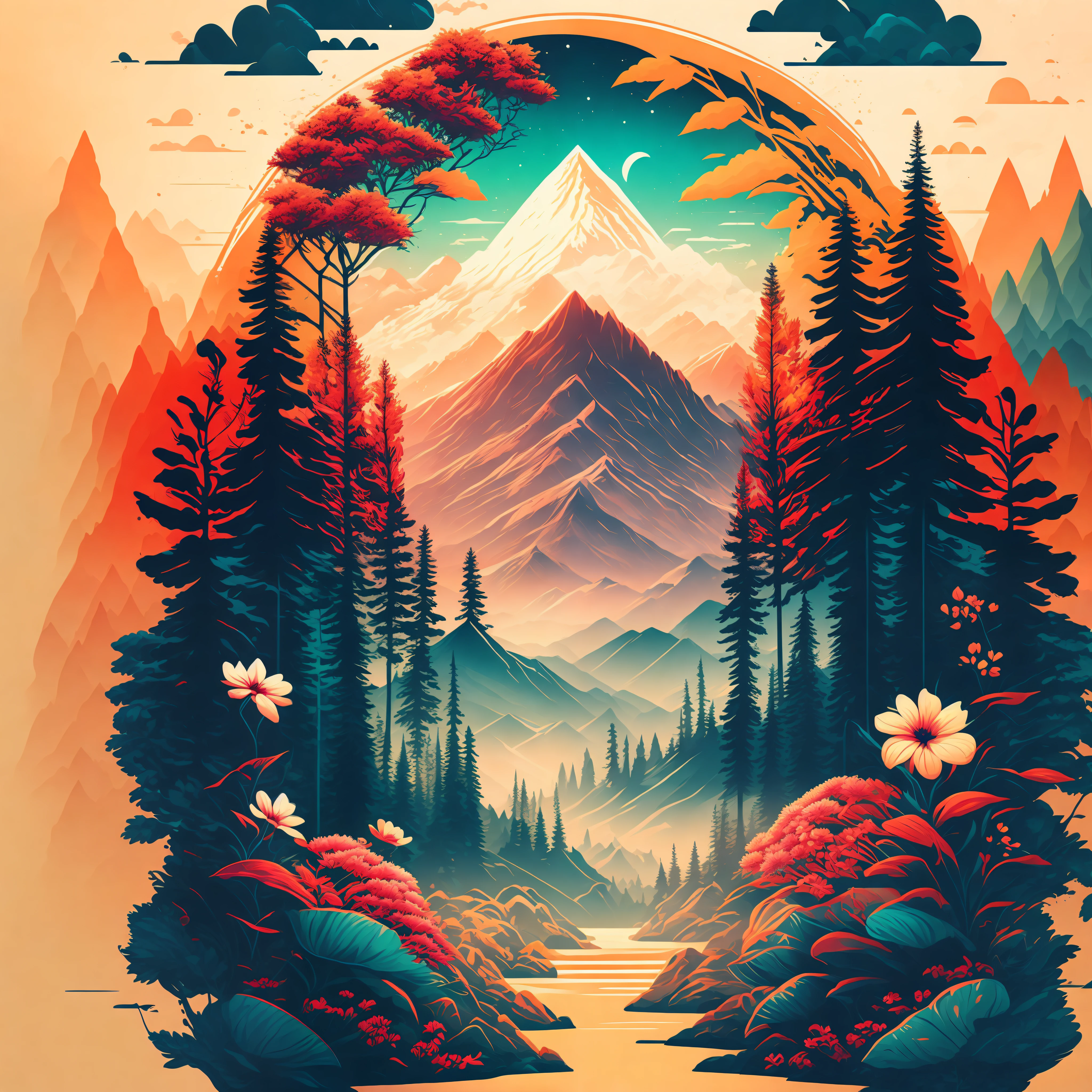 Un bosque en un paisaje de verano, montañas y flores., diseño de camiseta, MEDIO VIAJE, vector art, hidro74