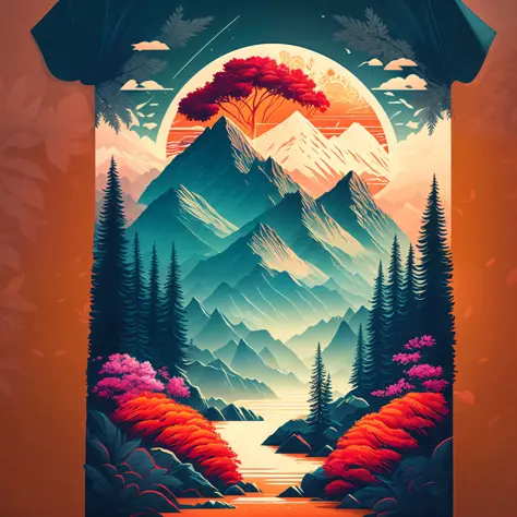 A forest in a summer landscape mountains and flowers, T-shirt design, midjourney, vector art, hydro74