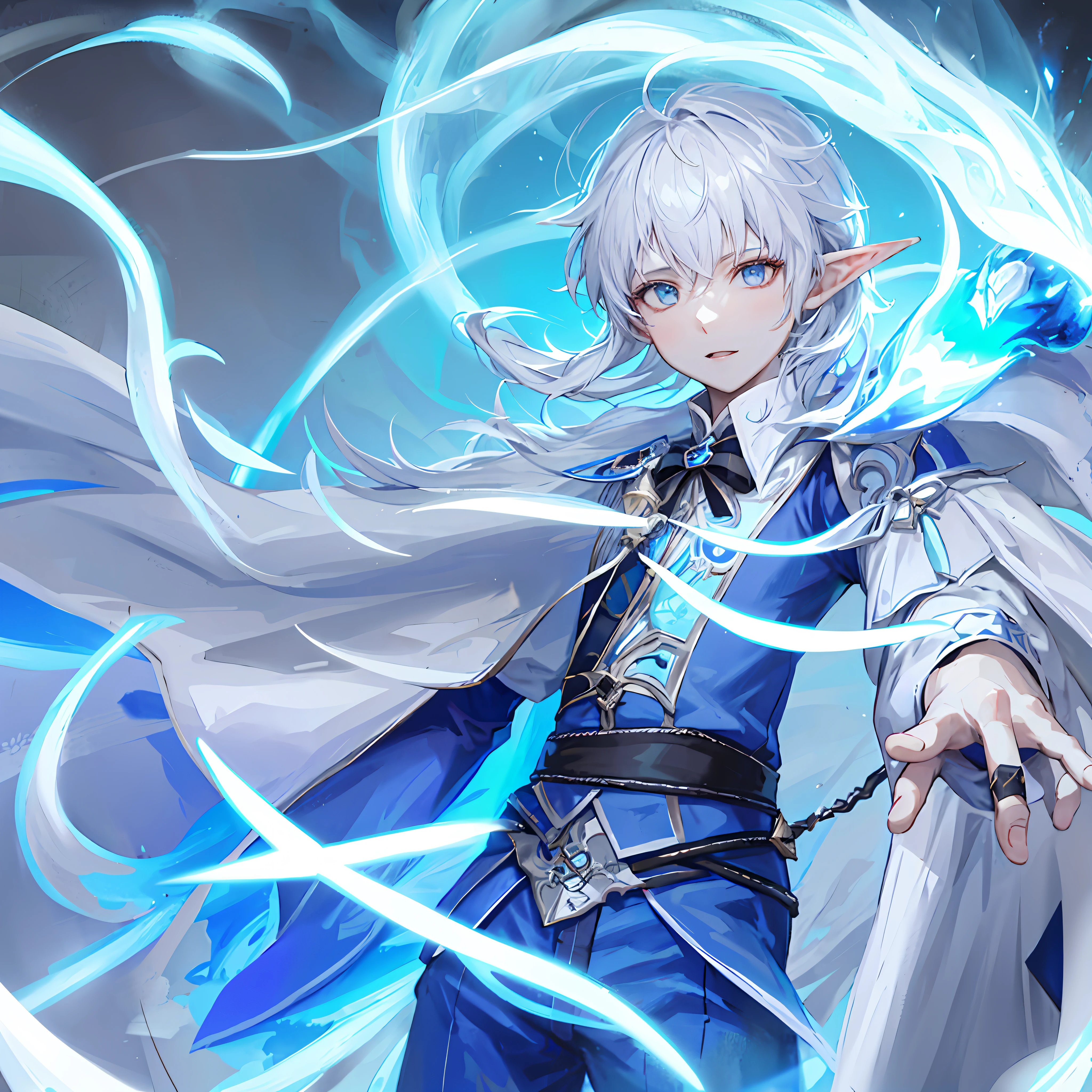 anime character with white hair and blue eyes holding a sword, young shadow mage male, keqing from genshin impact, portrait of a young elf wizard, loong, heise jinyao, young half elf wizard, blue elf, young wizard, skinny male fantasy alchemist, shadowverse style, zhongli from genshin impact, inspired by Bian Shoumin