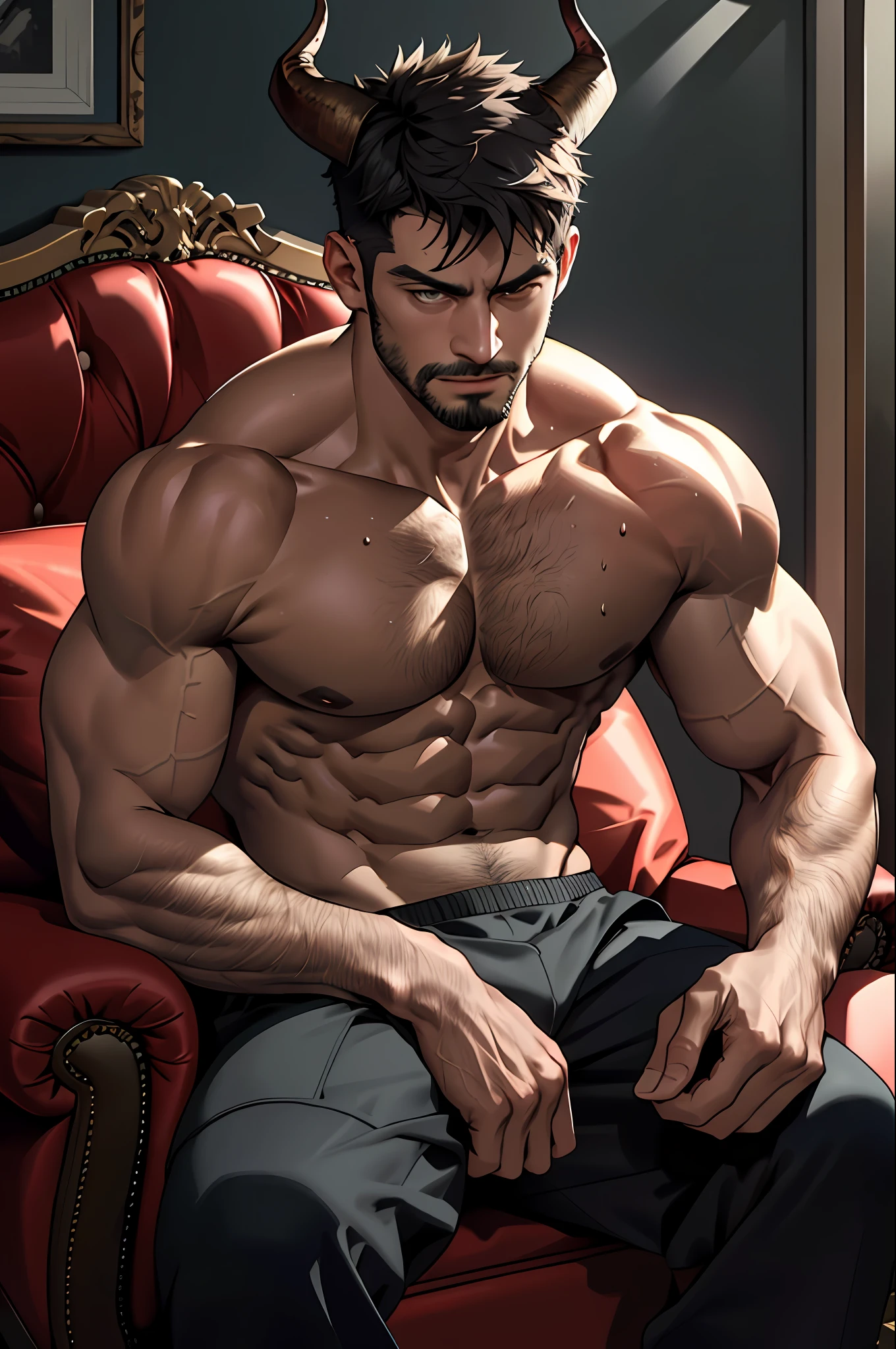 best quality, masterpiece, expressionless, ultra high res, detailed background, realistic, 1man, solo, male, muscular, mature male, short hair, facial hair, sitting, money, sofa, real shadow and light, depth of field, chest, biceps, pecs, abdominals, tall, sexy demon, horns, sweaty body, very sensual, mini costumes