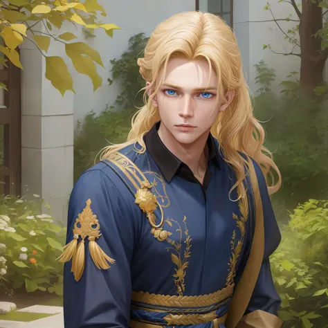 (masterpiece, absurdres, highres, ultra detailed), 1man, wavy blonde hair, adult, blue eyes, ponytail, male focus,handsome face, casual clothes, charming, lovely, detailed eyes and face,