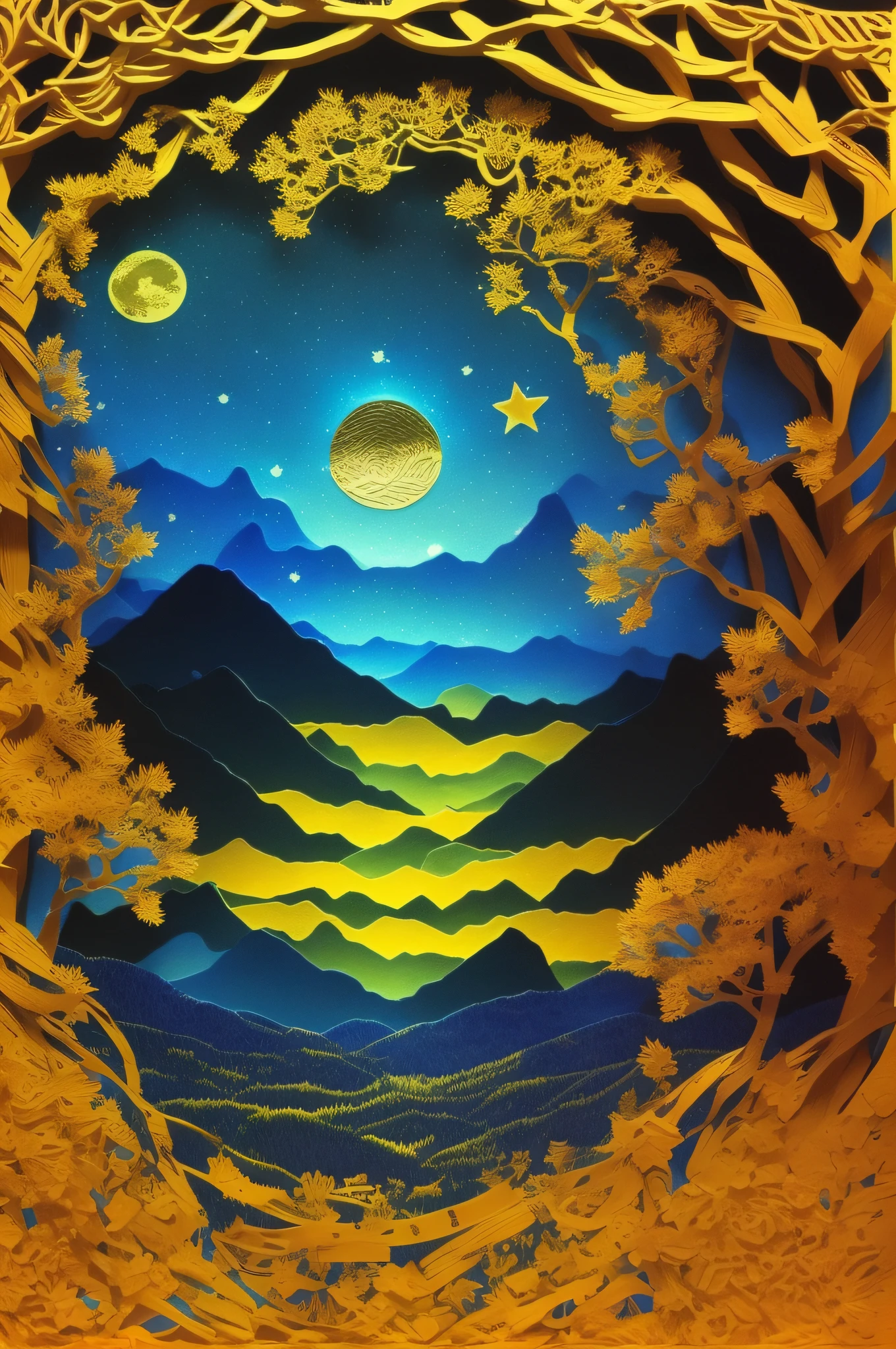 Berg, Wald, Sternenhimmel ,gelber Vollmond, komplizierte Details,blühen Blumen,von goph