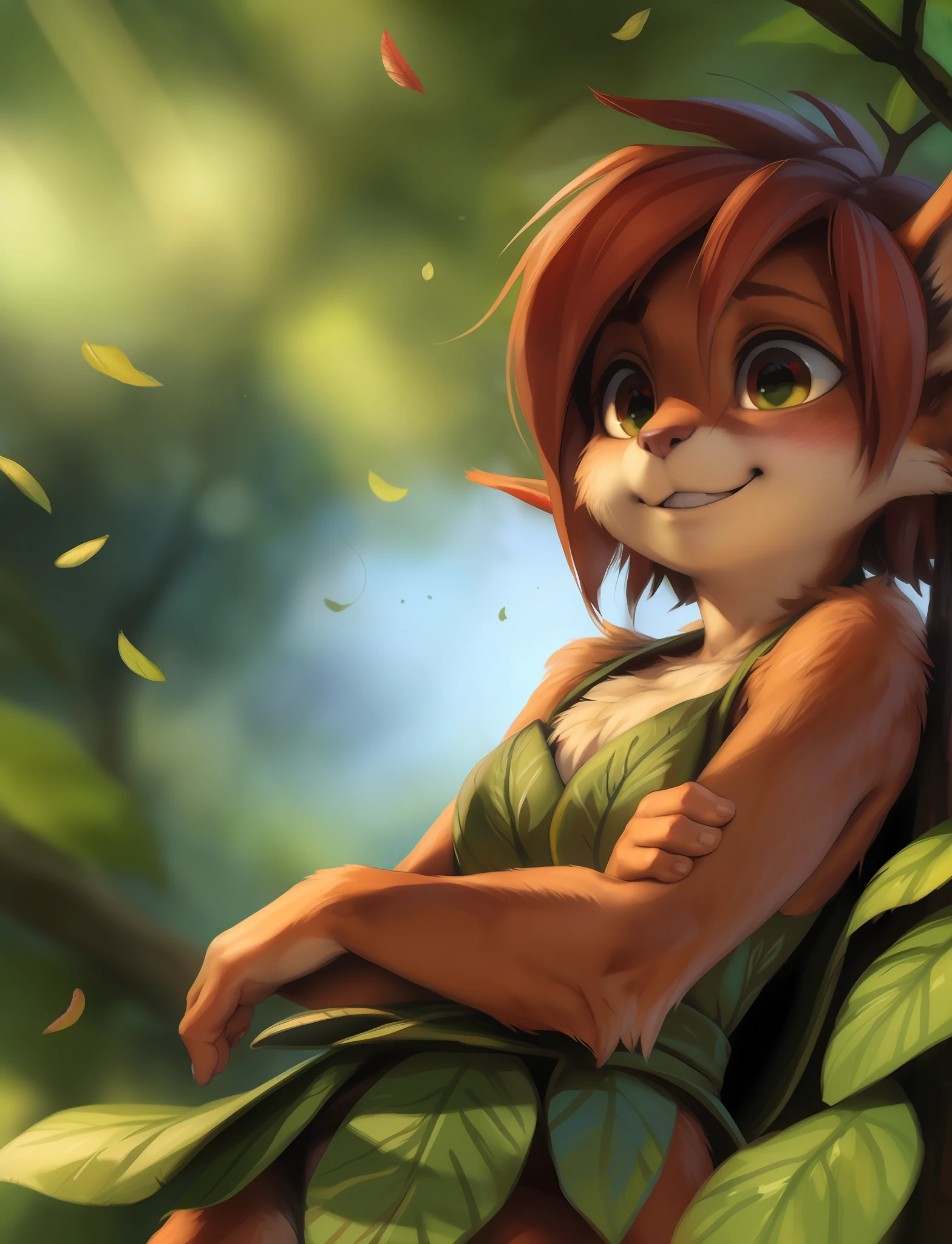 by kenket, by totesfleisch8, (by thebigslick, by silverfox5213:0.8), (by syuro:0.2), elora furry, detailed and extremely fluffy body fur, fluff, masterpiece, looking up beautiful surroundings, detailed background, happy, leaf-dress, (uploaded on e621,8k, RAW photo, high resolution,high quality), ((masterpiece)), female, (wear shirt and bottomless), (front view), (cinematic lighting), backlighting, (shaded), detailed background, by dagasi, (by personalami), [by Ruan Jia], photorealistic, hyperrealistic,