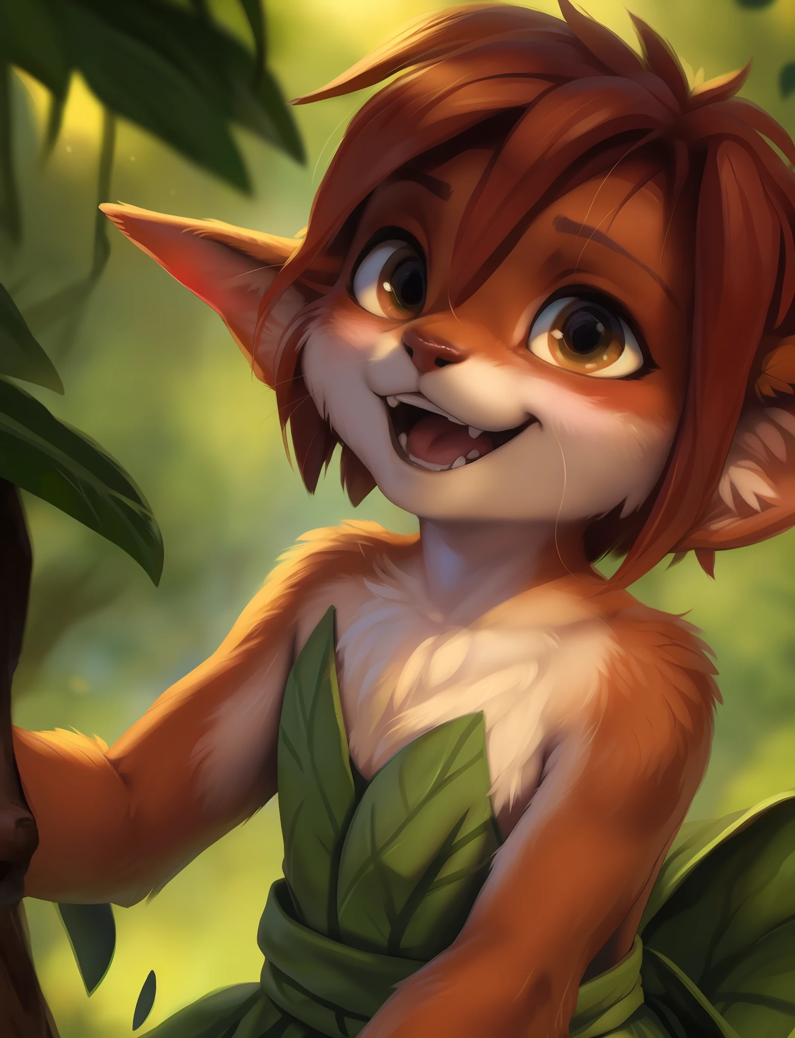 by kenket, by totesfleisch8, (by thebigslick, by silverfox5213:0.8), (by syuro:0.2), elora furry, detailed and extremely fluffy body fur, fluff, masterpiece, looking up beautiful surroundings, detailed background, happy, leaf-dress, (uploaded on e621,8k, RAW photo, high resolution,high quality), ((masterpiece)), female, (wear shirt and bottomless), (front view), (cinematic lighting), backlighting, (shaded), detailed background, by dagasi, (by personalami), [by Ruan Jia], photorealistic, hyperrealistic,