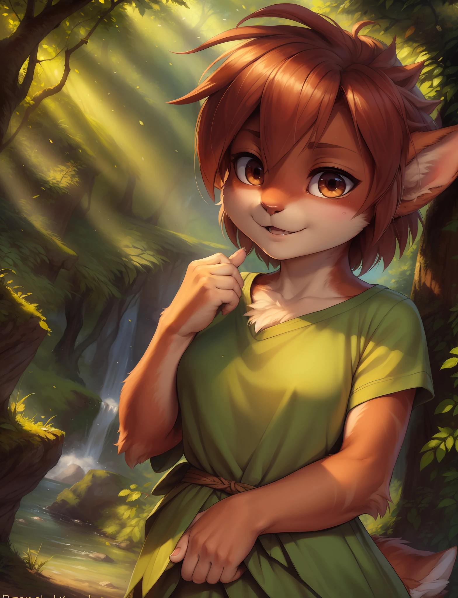 by kenket, by totesfleisch8, (by thebigslick, by silverfox5213:0.8), (by syuro:0.2), elora furry, detailed and extremely fluffy body fur, fluff, masterpiece, looking up beautiful surroundings, detailed background, happy, leaf-dress, (uploaded on e621,8k, RAW photo, high resolution,high quality), ((masterpiece)), female, (wear shirt and bottomless), (front view), (cinematic lighting), backlighting, (shaded), detailed background, by dagasi, (by personalami), [by Ruan Jia], photorealistic, hyperrealistic,