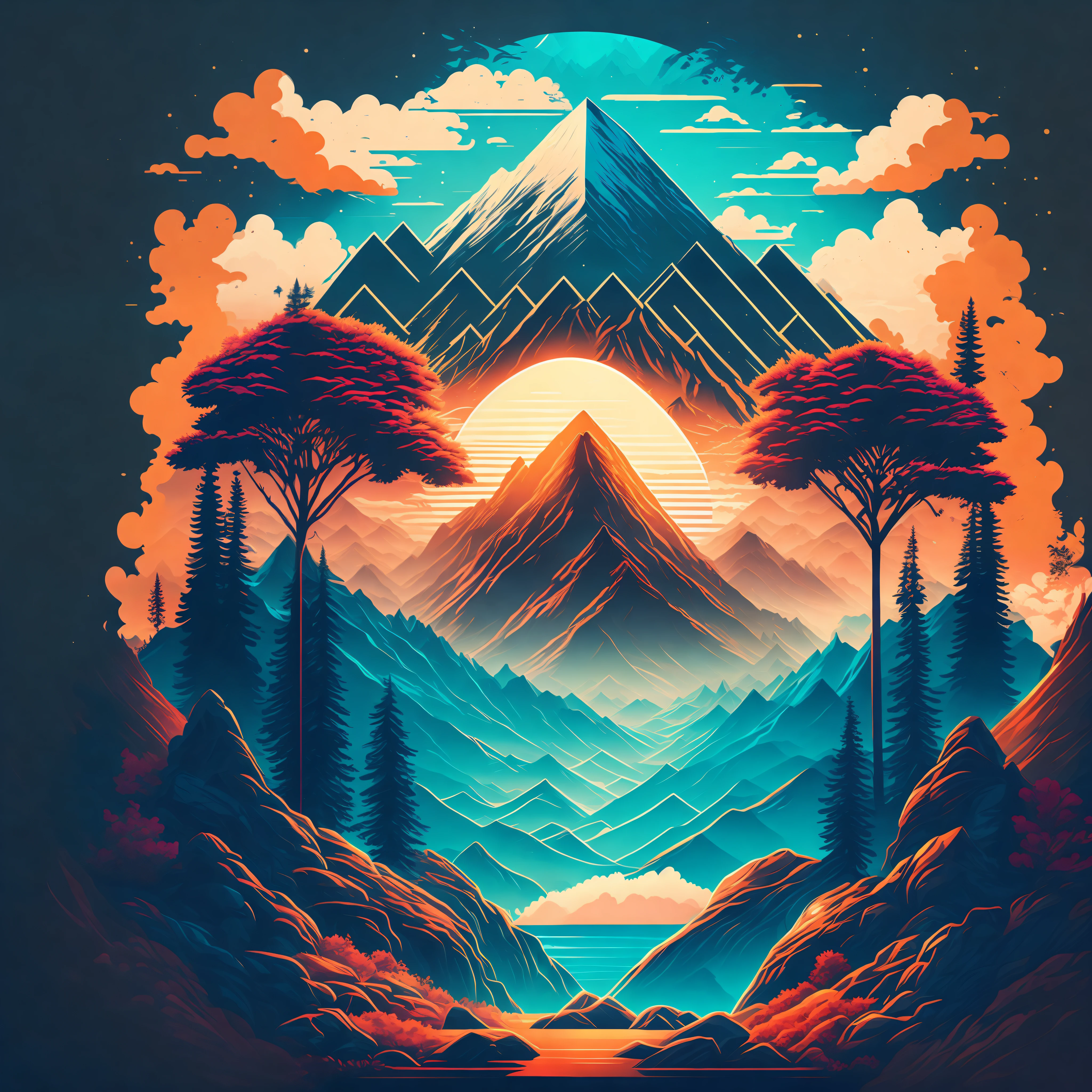 A city in a summer landscape mountains in the background surrounding trees, T-shirt design, midjourney, vector art, hydro74