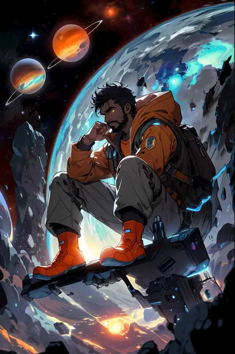 Draw a young dark-skinned programmer sitting on a research platform floating in the middle of an asteroid belt. He is studying with a laptop, surrounded by several asteroids glowing with auras of fire. The dramatic illumination of distant stars and planets...