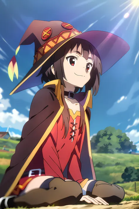 field; farm; megumin, sitting on ground, looking up, sky, smiling, crimson dress, cape, witch hat; sunlight; masterpiece;