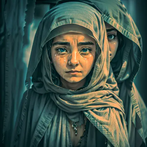The image depicts a woman wrapped in a veil, whose face is marked by a deep sadness. His eyes, hidden under the veil, are filled with tears that run silently down his cheeks. The expression of sadness on his face is visible even through the veil, conveying...