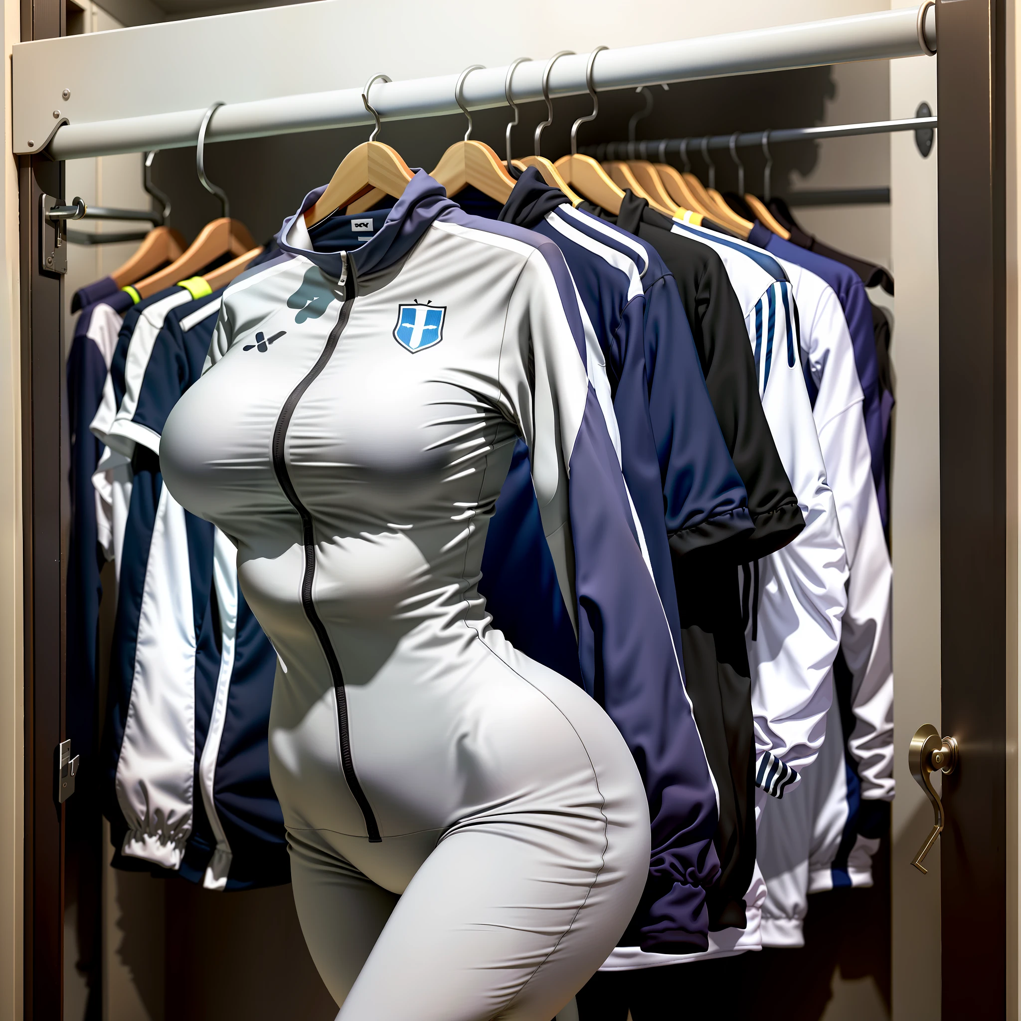 Arafed woman in a white suit and blue jacket standing in front of a closet  - SeaArt AI