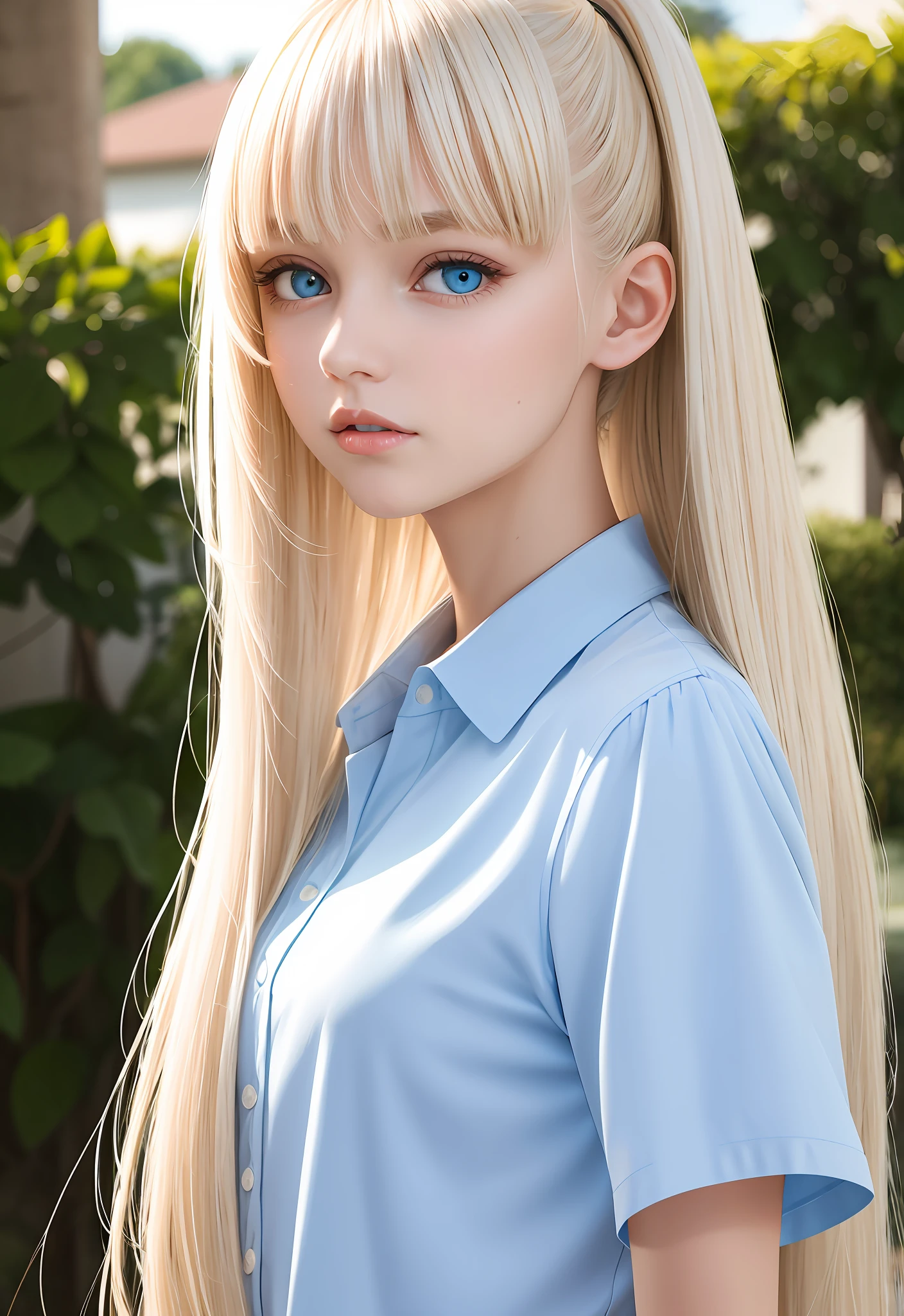 Unparalleled beauty, shiny shiny firm and shiny skin, ponytail, bangs between eyes, shiny straight beautiful platinum blonde, super long straight silky hair, eyeliner, sexy beautiful innocent 14 years old, high definition big big bright light blue eyes, beautiful and lovely girl, baby face, cute short sleeve shirt