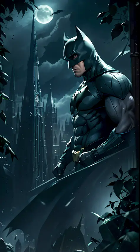 Batman of the Dark Knight is imposing in a lost Gothic city. Moonlight highlights your muscles and scars. The scenery is lush and mysterious, with futuristic technology and surroundings.