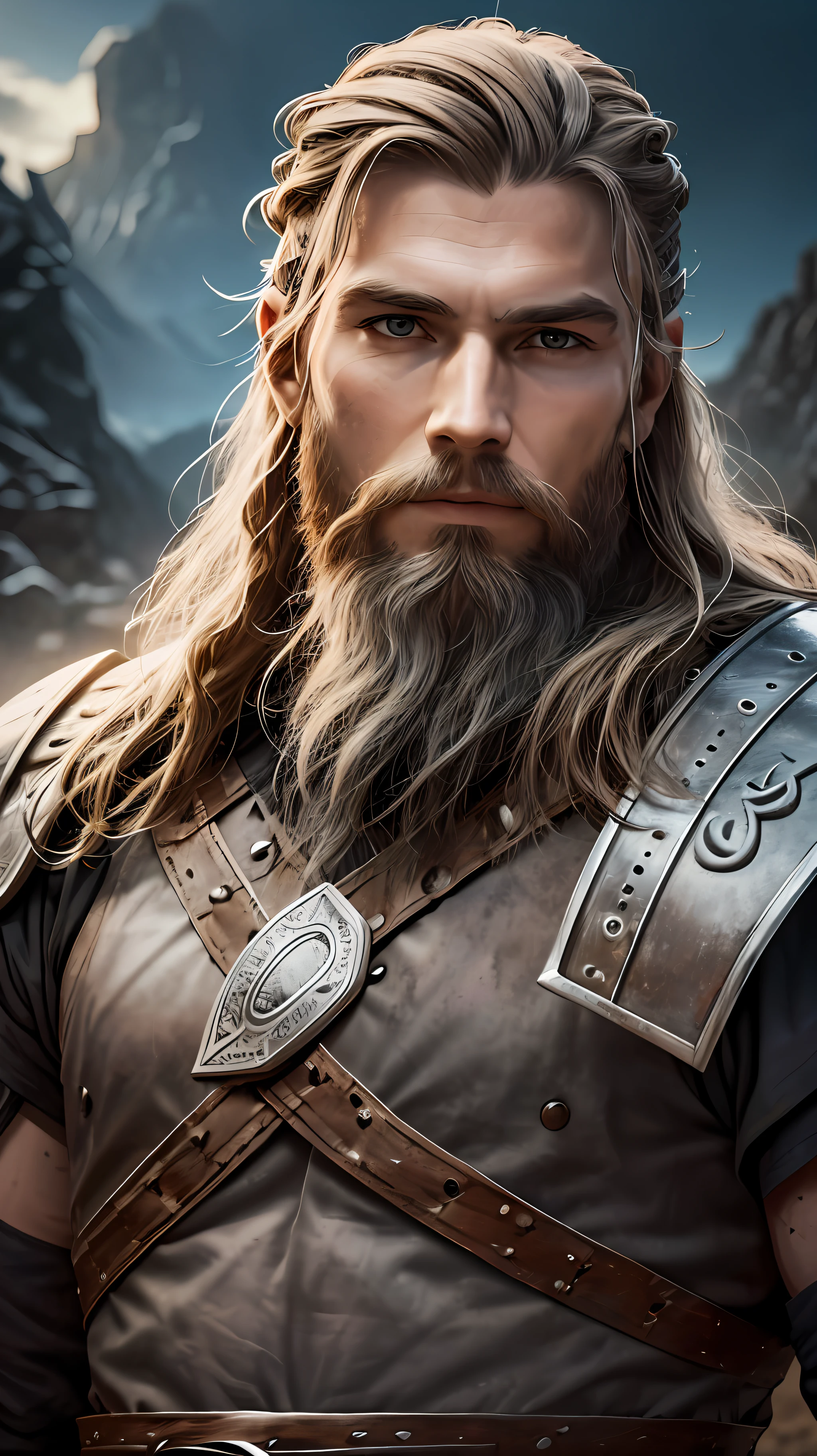 photographie d&#39;un guerrier viking avec de la terre sur le visage, larges épaules, armure, Héroïque, barbe, pommettes prononcées, nuageux, chef-d&#39;œuvre, meilleure qualité, haute qualité, 4K, tendance, anneau lumineux dur, 50mm