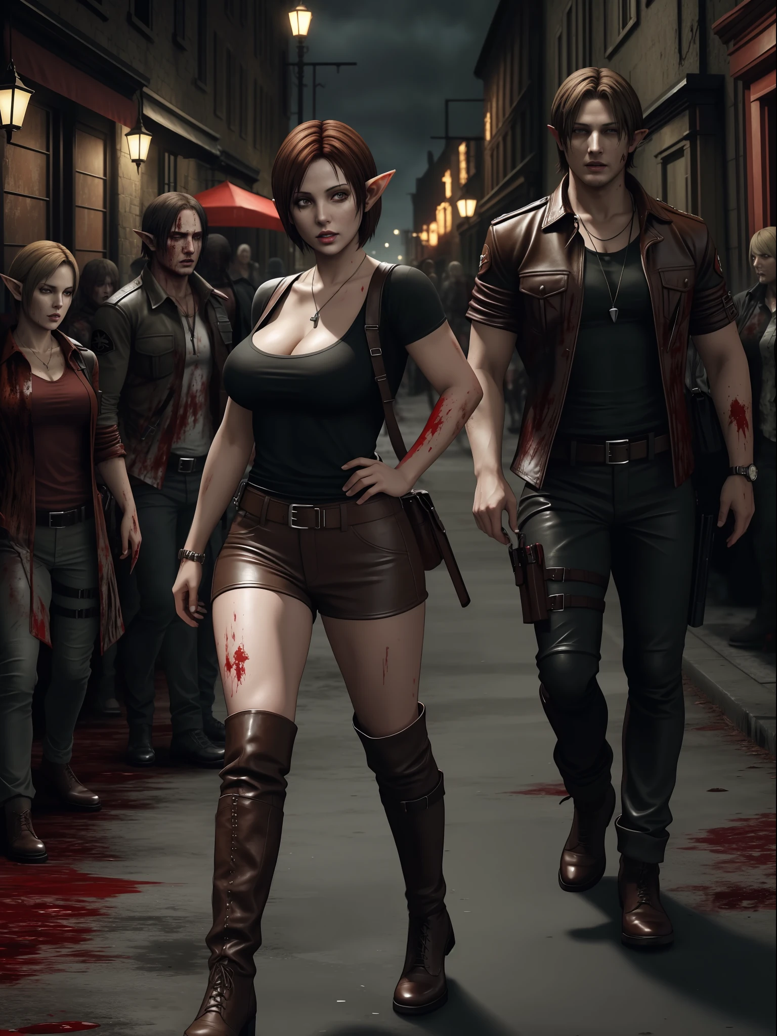 (Resident Evil 4+bloody:1.5), (full-body photo:1.67), (An elf woman and several zombies in the background:1.5), (she has gigantic breasts:1.5), (She's in Resident Evil 4+Leon's clothes with black T-shirt+brown leather chorte+extremely tight on her body:1.4), (she's walking in a night town crowded with zombies:1.5),  (she has short brown hair:1.3), (she has blue eyes:1.3), (she's doing poses+for the viewer+holding an armada), Hyperrealism, 16k, best quality, high details, UHD