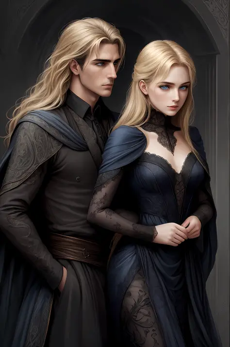 Create an [Comic book Luis Royo art style] couple of a dark-haired man (henri cavil) and a blond girl with [detailed linework], ...