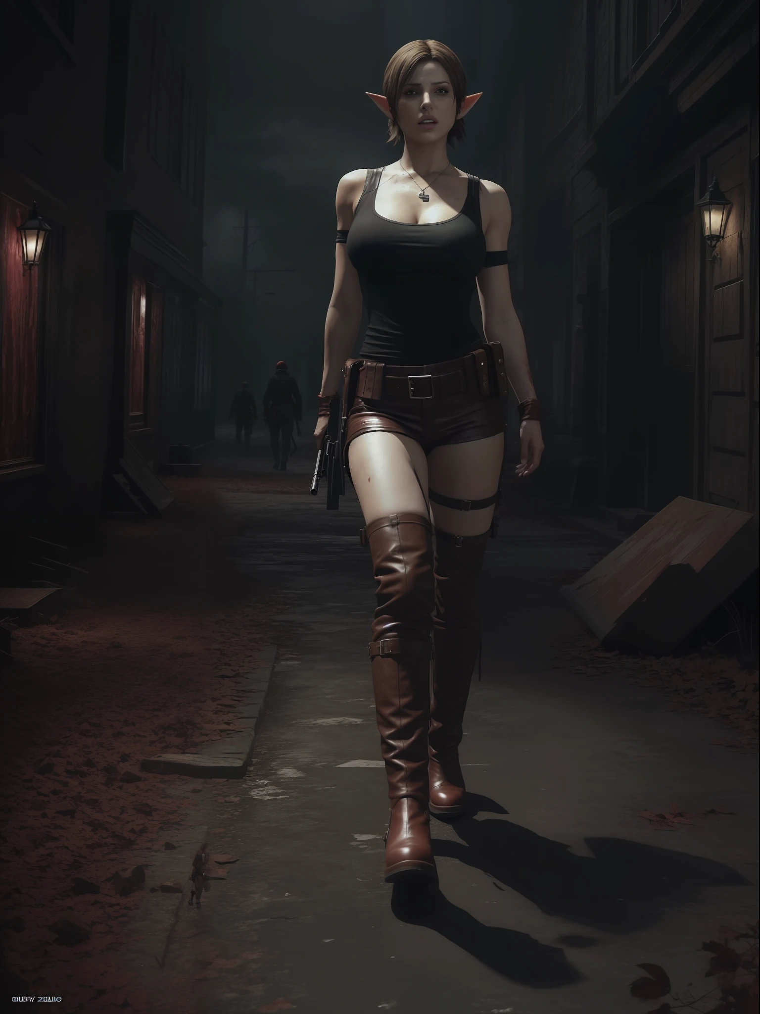 (Resident Evil 4+bloody:1.5), (full-body photo:1.67), (An elf woman and several zombies in the background:1.5), (she has gigantic breasts:1.5), (She's in Resident Evil 4+Leon's clothes with black T-shirt+brown leather chorte+extremely tight on her body:1.4), (she's walking in a night town crowded with zombies:1.5),  (she has short brown hair:1.3), (she has blue eyes:1.3), (she's doing poses+for the viewer+holding an armada), Hyperrealism, 16k, best quality, high details, UHD