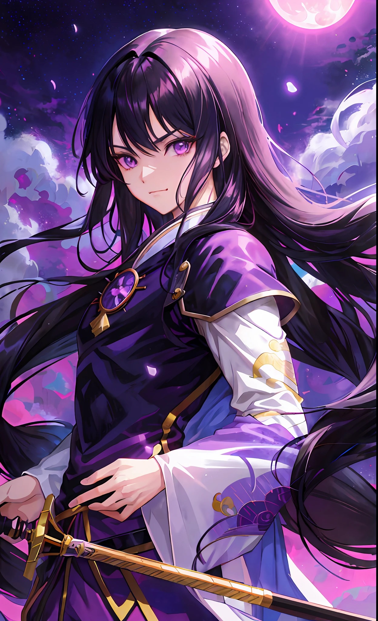 anime character with long hair and purple eyes in front of a full moon, beautiful girl, black - haired mage, anime portrait of a handsome man, anime girl, female anime character, kentaro miura manga art style, sengoku - era art style, male anime style, ilya kuvshinov with long hair, roguish smirk