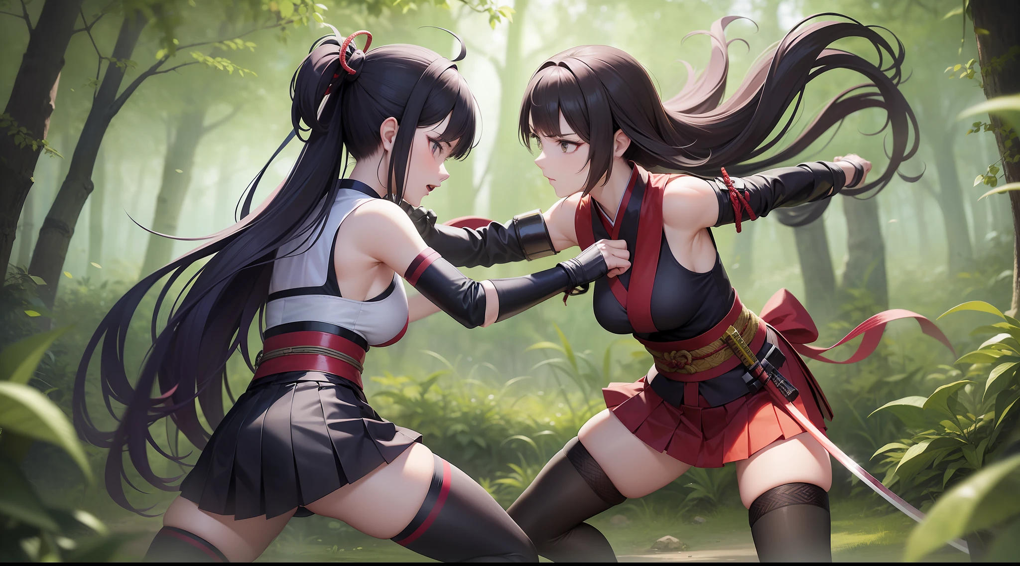 Dos chicas anime en un bosque peleando con espadas - SeaArt AI