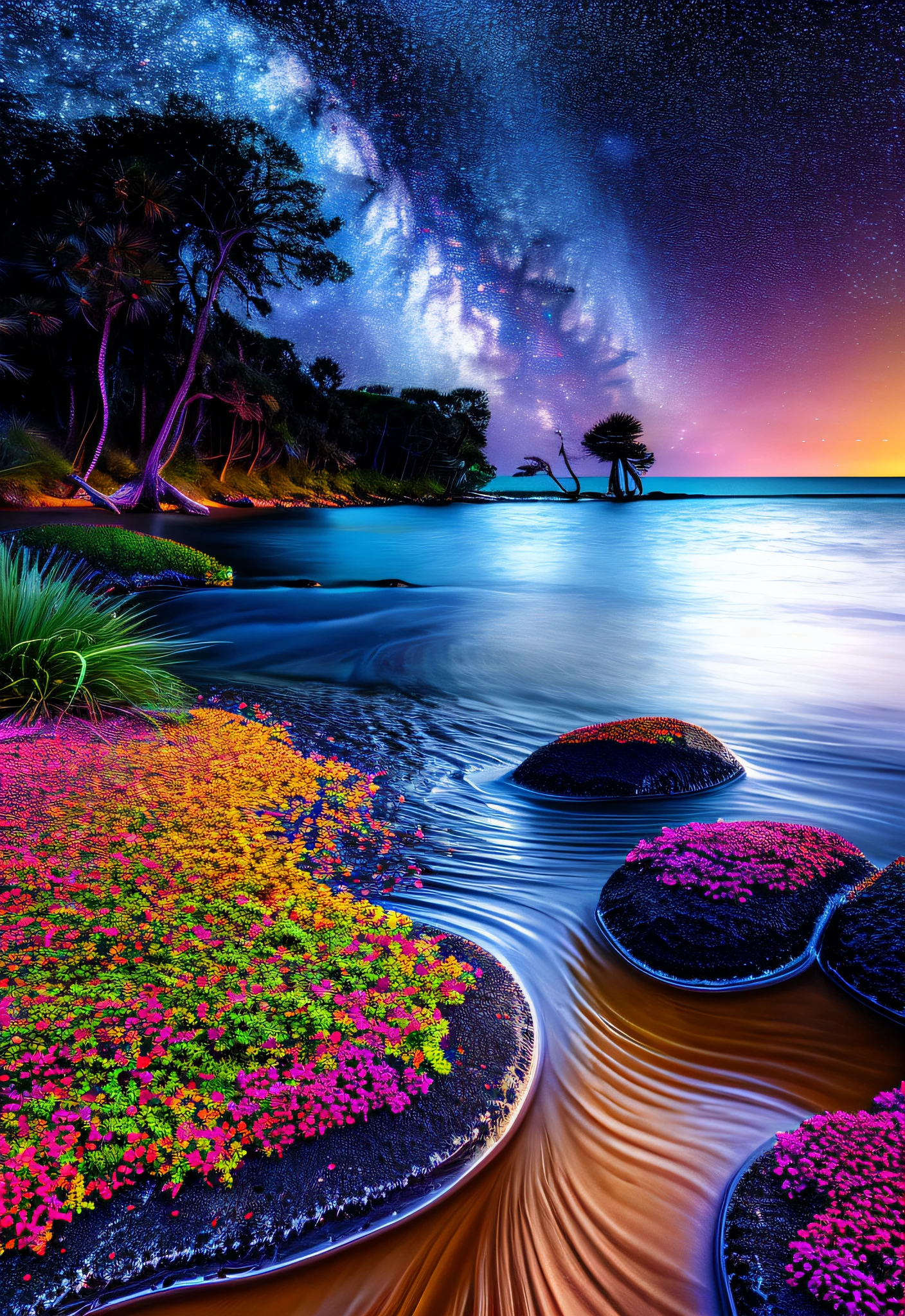 (Masterpiece), (Best Quality), (Official Art, Extremely Detailed 8k CG Unity Wallpaper), Galaxy River, Beach, Multicolored Light, Klein Blue, Tyndall Effect
