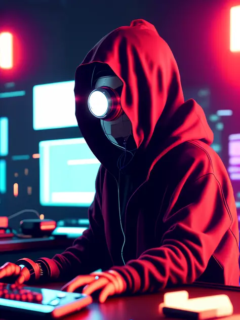 NeonNinja style, a close up of a person wearing a red hood there is a large ball in the middle of a room, a close up of an electronic device on a table