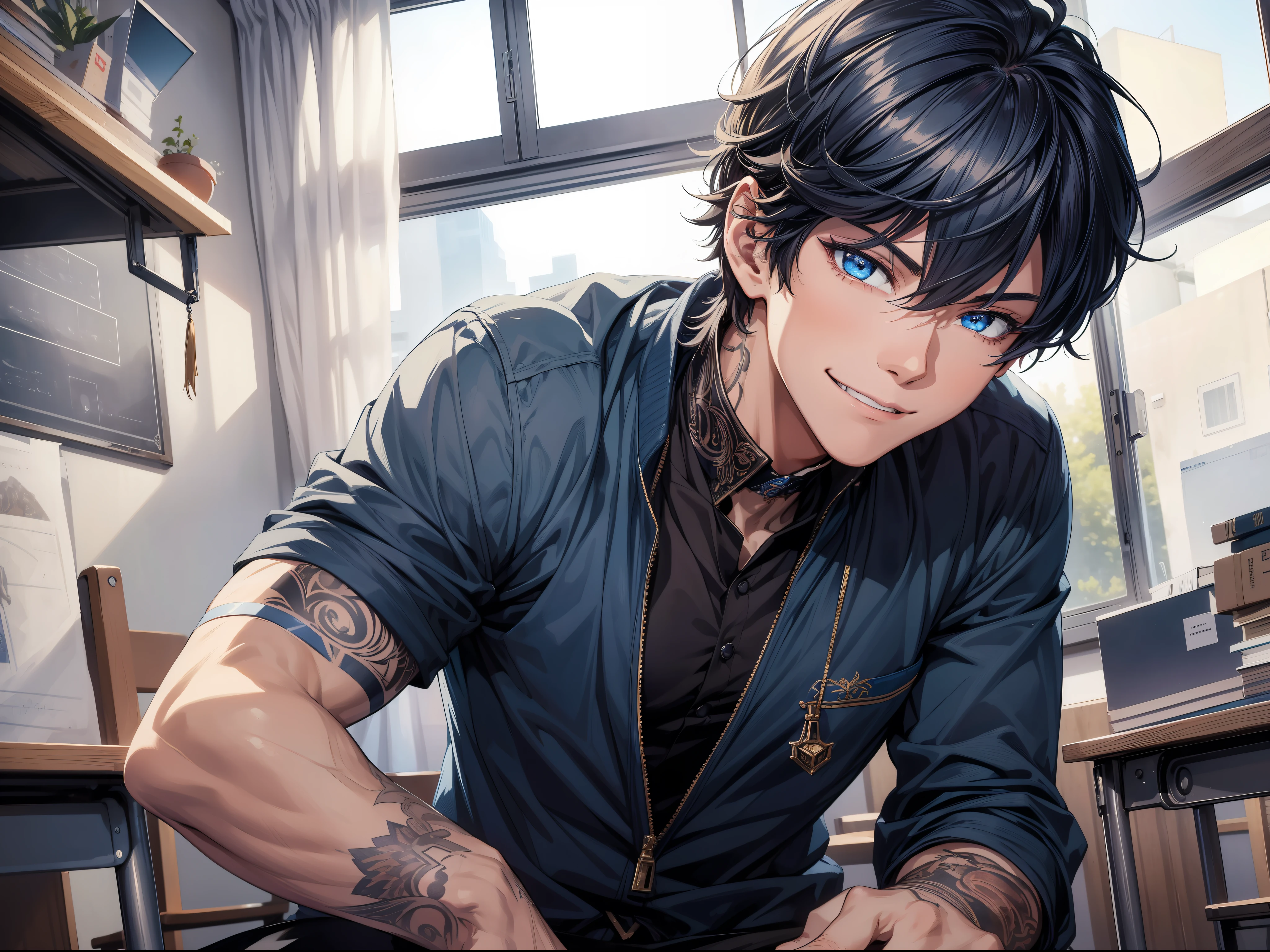 Anime guy with blue eyes sitting at a table with a book - SeaArt AI