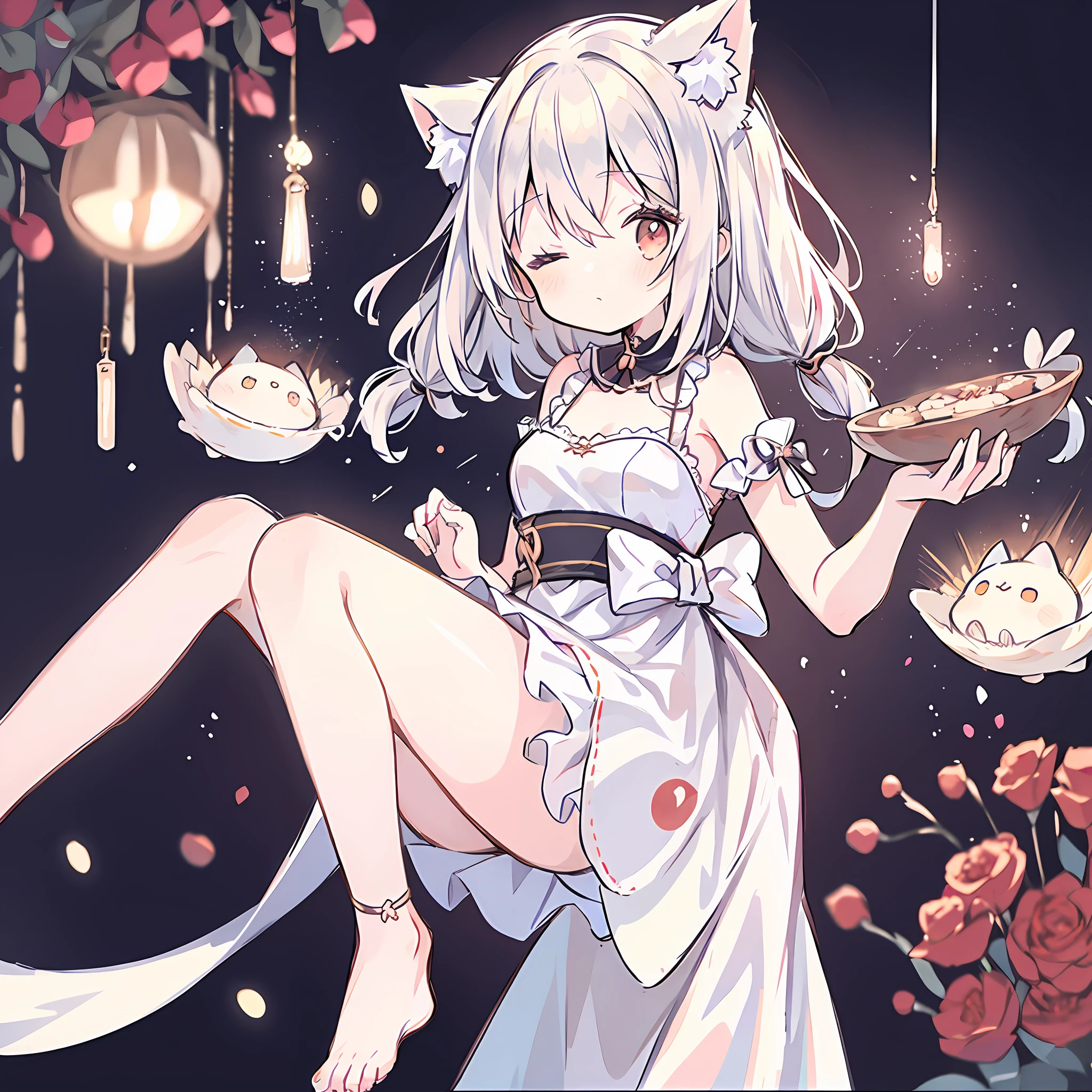 Anime girl with white hair and closed eyes, anime vision of cute girl, white dress, cat ears, white theme, red eyes, cute dress, short hair, wavy hair, small and medium breasts, cute, loli, solo,