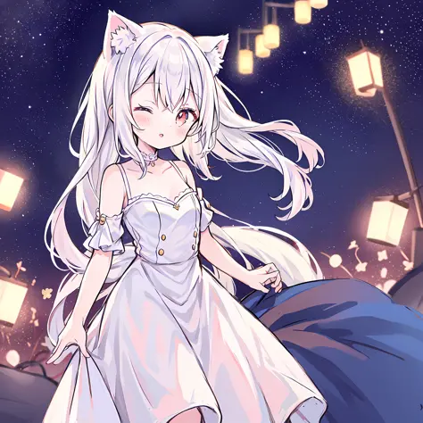 Anime girl with white hair and eyes closed, anime vision of cute girl, white dress, cat ears, white theme, red eyes, cute dress,...