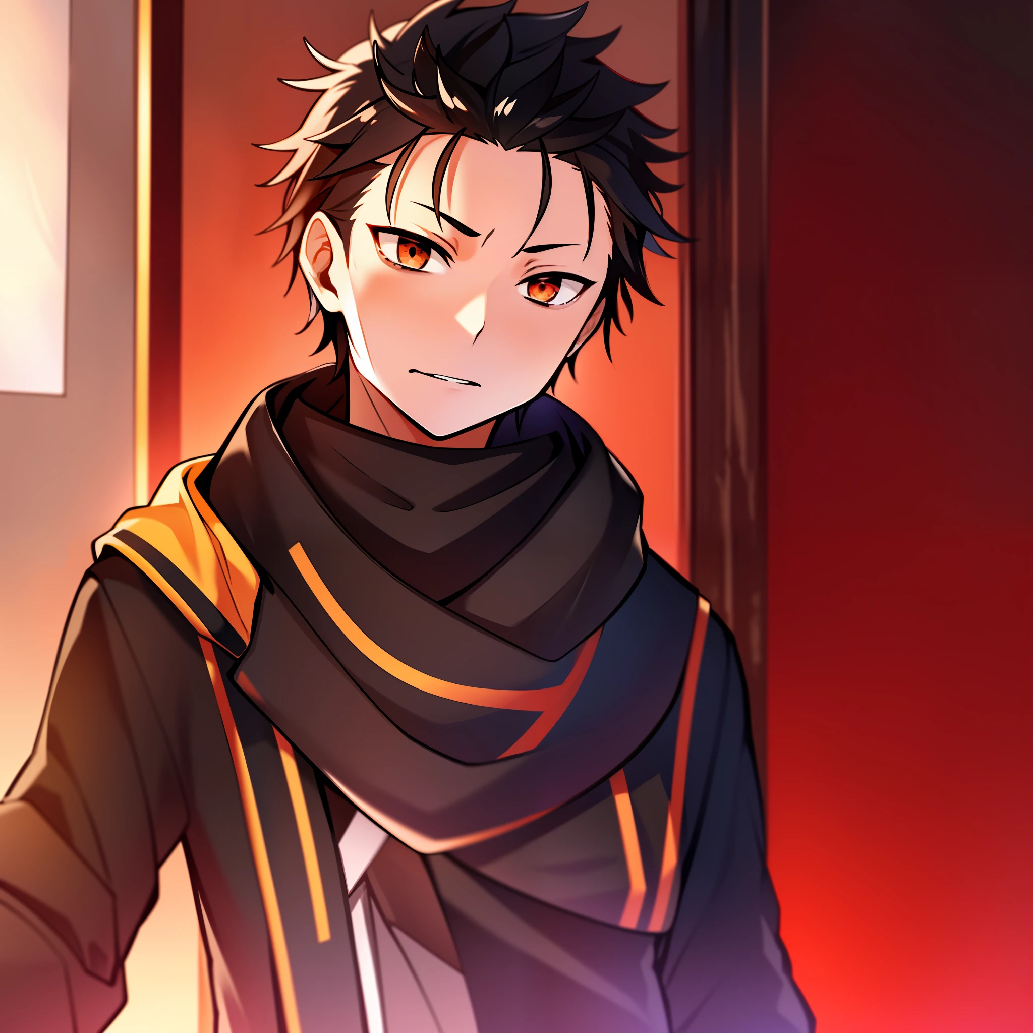 (best quality, masterpiece, ultra detailed), 1boy, Wrath, black_hair, Brown_eyes/red_eyes, scarf, bags_under_eyes , natsuki subaru