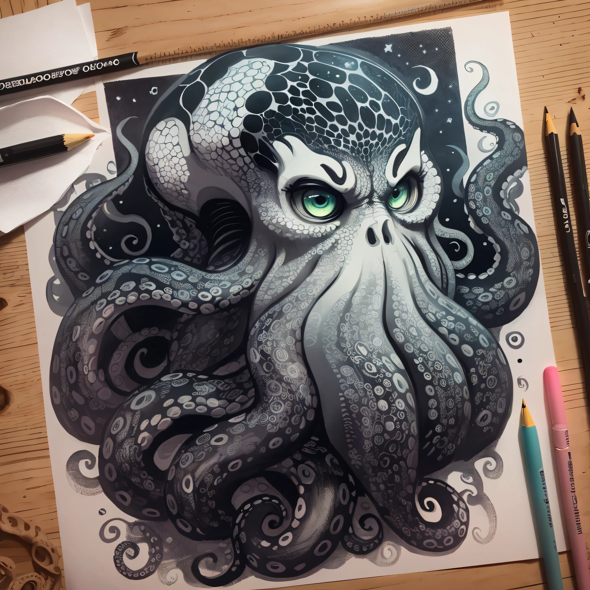 Drawing of a giant octopus with green eyes and tentacles - SeaArt AI