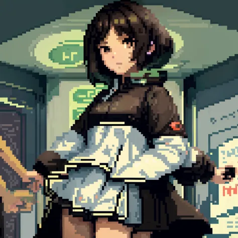 a dark-haired, no hat, a high school girl, in a subway station, onionlabs pixel art, video game, magazine style, 2d sprite