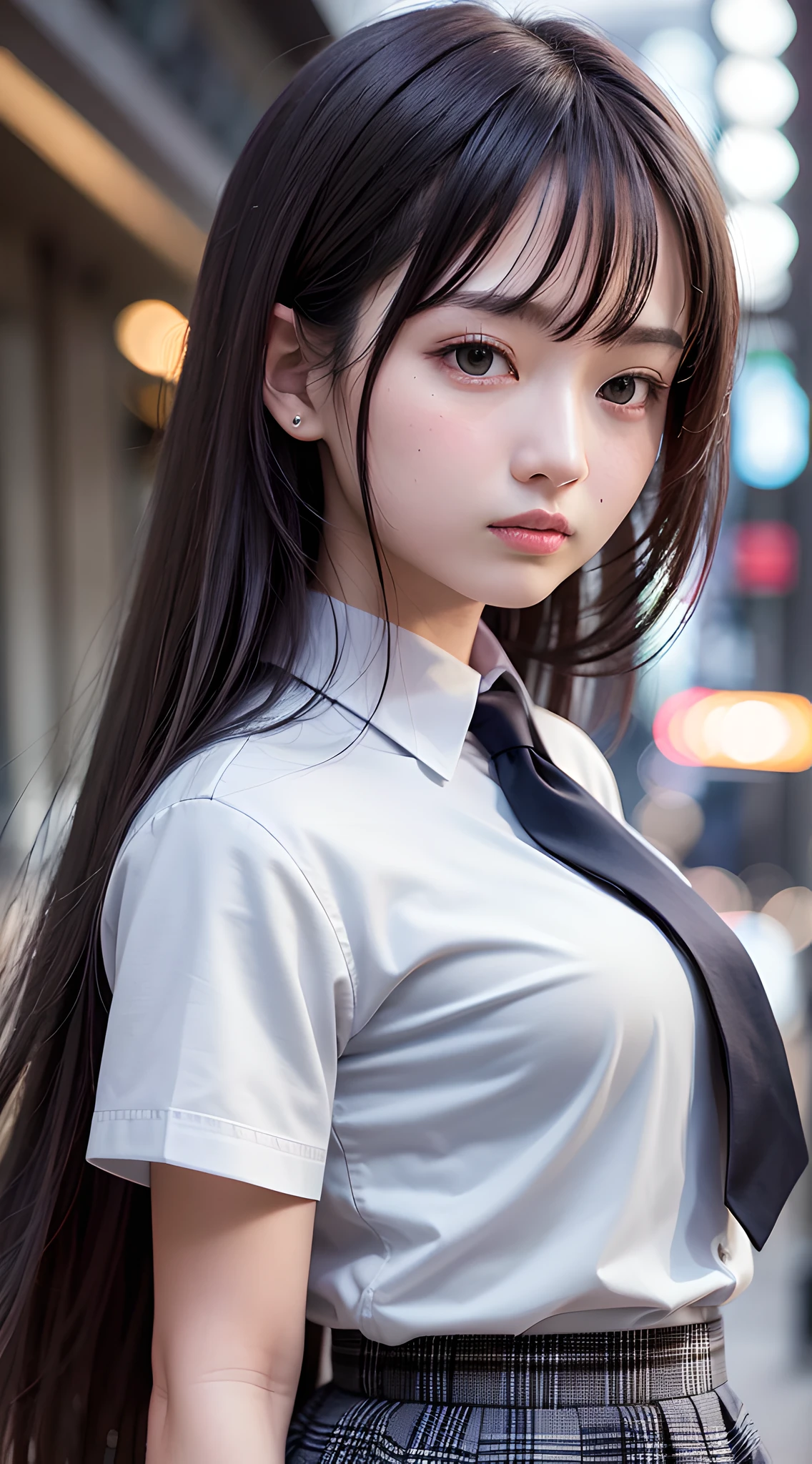 masterpiece, best quality, 8k, 85mm portrait, absurdres, beautiful girl, (night, upper body:1.5), cute, street, (school uniform, white shirt, short sleeve, dark grey pleated plaid skirt, dark grey tie:1.2), long hair, slender, neon, (Lianyungang, Akishima, Yeonggwang:0.4), no makeup, perspective, depth of field, ultra realistic, highres, photography, sharp focus, HDR, facelight, dynamic lighting, highest detailed, extreme detailed, ultra detailed, finely detail, real skin, delicate facial features