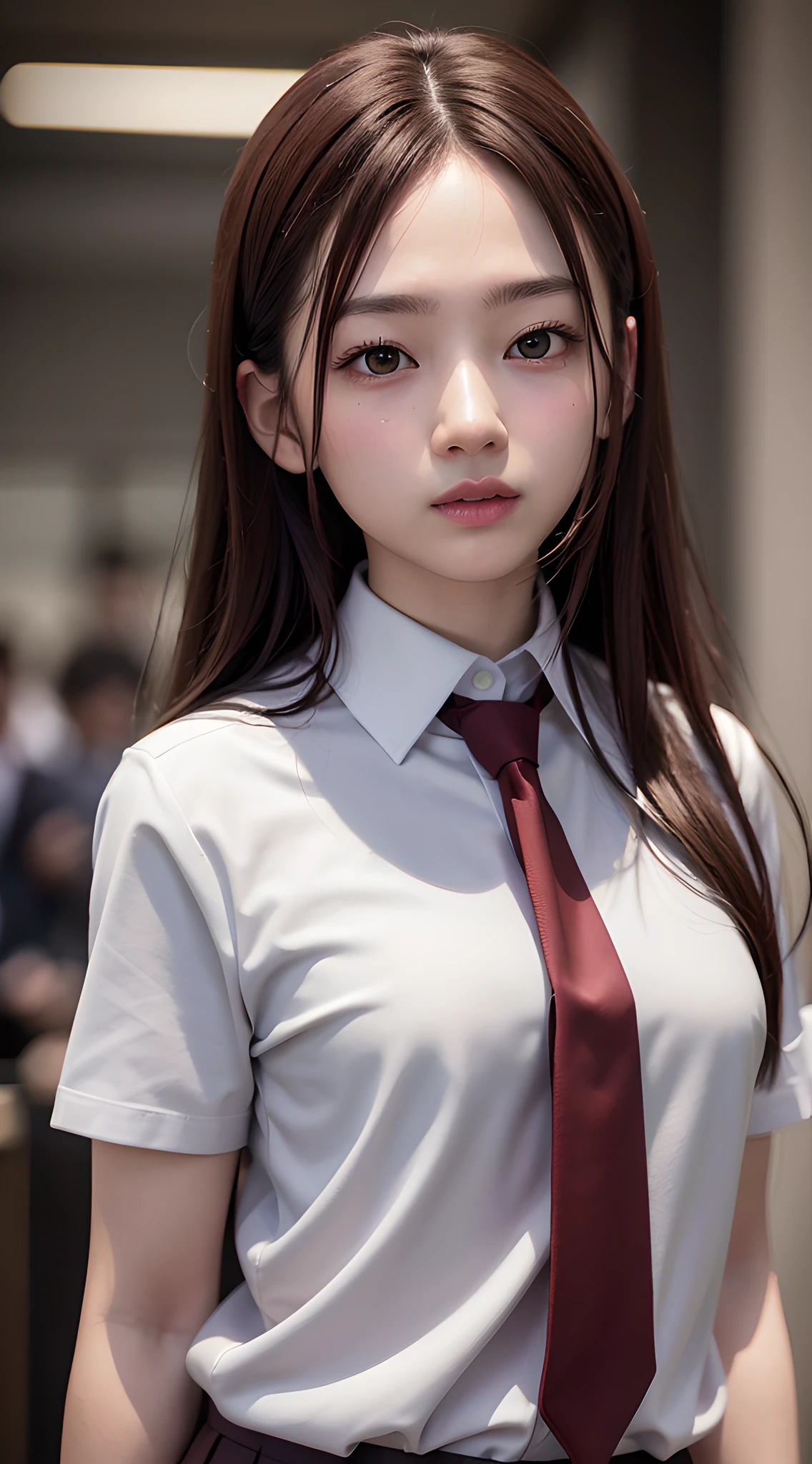 masterpiece, best quality, 8k, 85mm portrait, absurdres, beautiful girl, (night, upper body:1.5), cute, street, (school uniform, white shirt, short sleeve, dark brownish grey pleated skirt, dark grey tie:1.2), long hair, slender, neon, (Lianyungang, Akishima, Yeonggwang:0.4), (dark red tie:1.3), no makeup, perspective, depth of field, ultra realistic, highres, photography, sharp focus, HDR, facelight, dynamic lighting, highest detailed, extreme detailed, ultra detailed, finely detail, real skin, delicate facial features