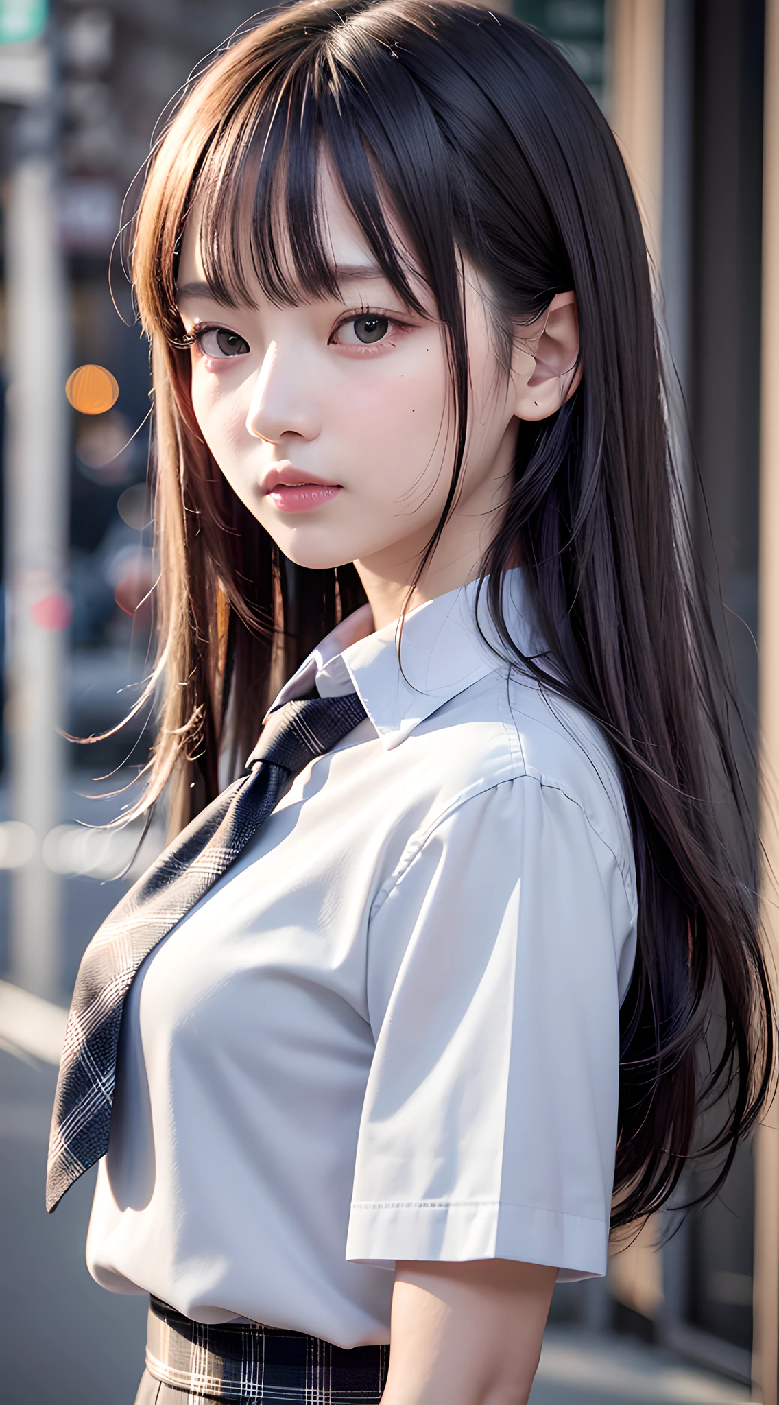 masterpiece, best quality, 8k, 85mm portrait, absurdres, beautiful girl, (night, upper body:1.5), cute, street, (school uniform, white shirt, short sleeve, dark grey pleated plaid skirt, dark grey tie:1.2), long hair, slender, neon, (Lianyungang, Akishima, Yeonggwang:0.4), no makeup, perspective, depth of field, ultra realistic, highres, photography, sharp focus, HDR, facelight, dynamic lighting, highest detailed, extreme detailed, ultra detailed, finely detail, real skin, delicate facial features