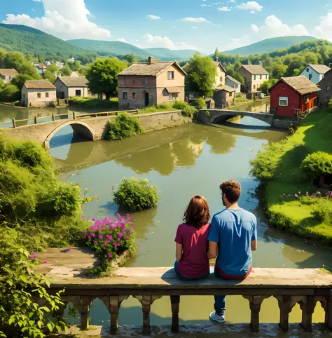 Beautiful girl and her boyfriend sitting on the bridge see a beautiful village view