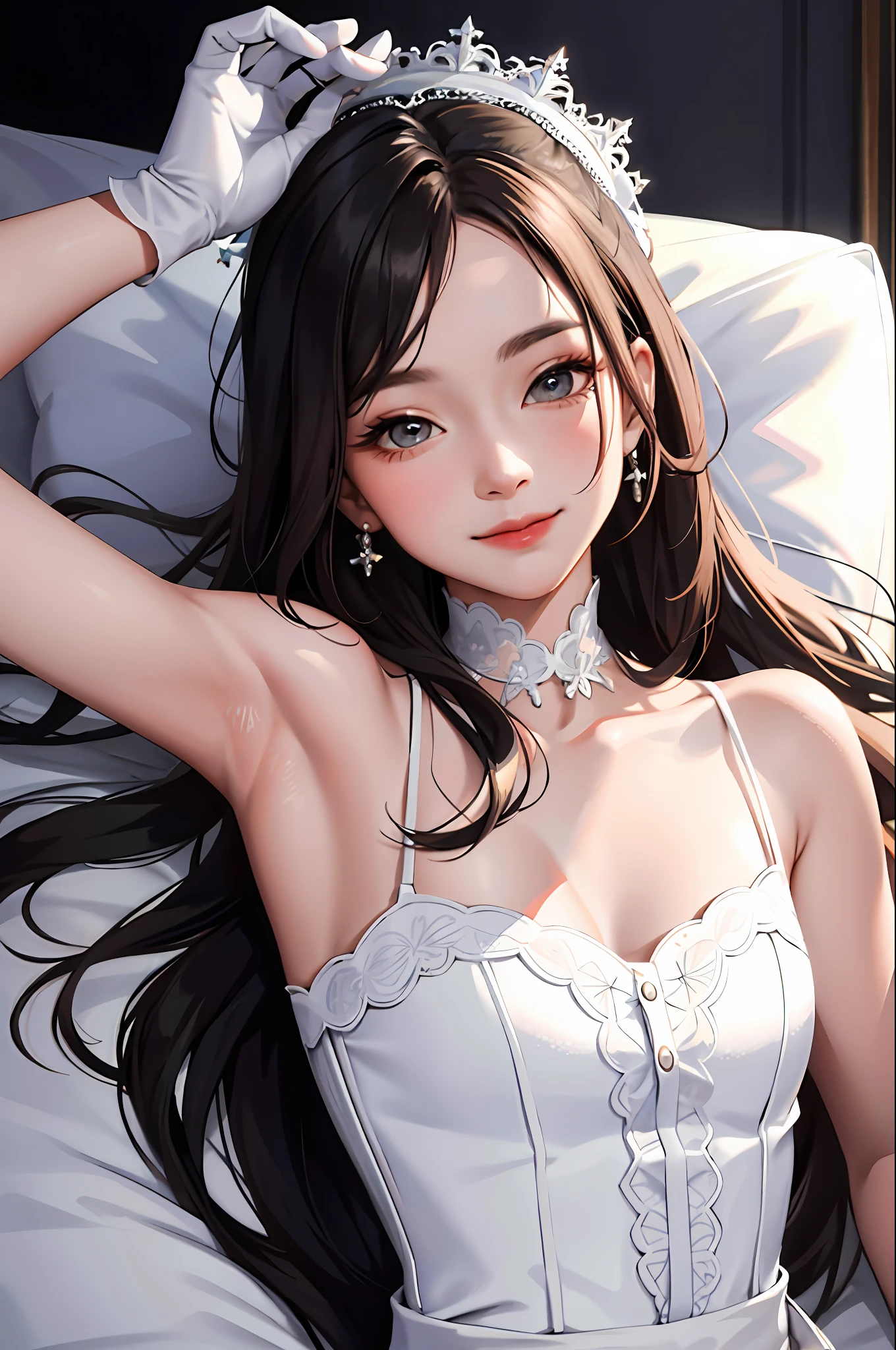 (Masterpiece: 1.2, highest quality), (real photo, fine detail), one woman, alone, short gloves and bodice, casual, long hair, simple makeup, natural fabric, close-up, smile, family, lying on bed and looking into camera)