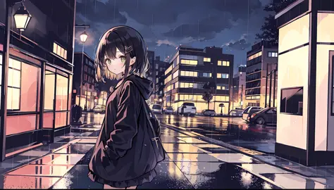 Girl with black hair and green eyes, black clothes, long hair, city, rainy day, dark night, standing, illustration
